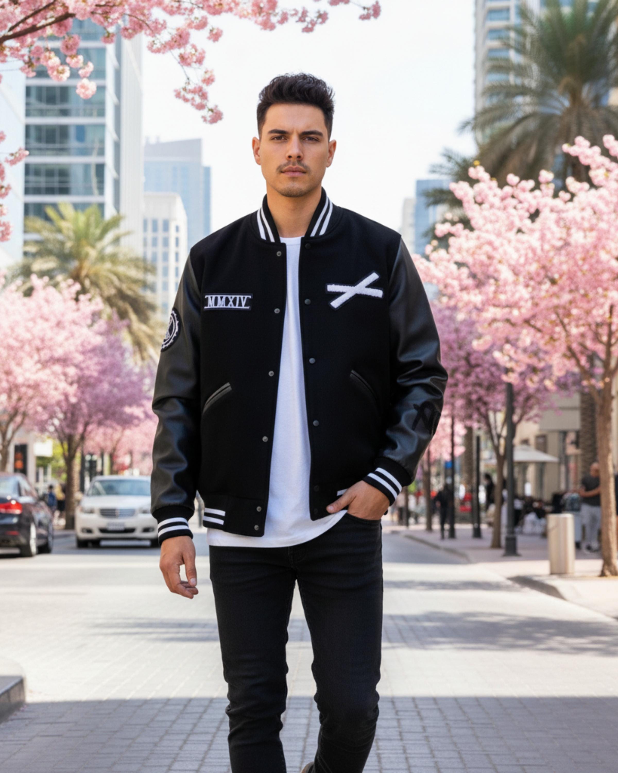 Handmade XO Varsity Jacket | Black Wool & Leather Bomber Jacket | Letterman College Baseball Outerwear | Gift For Him