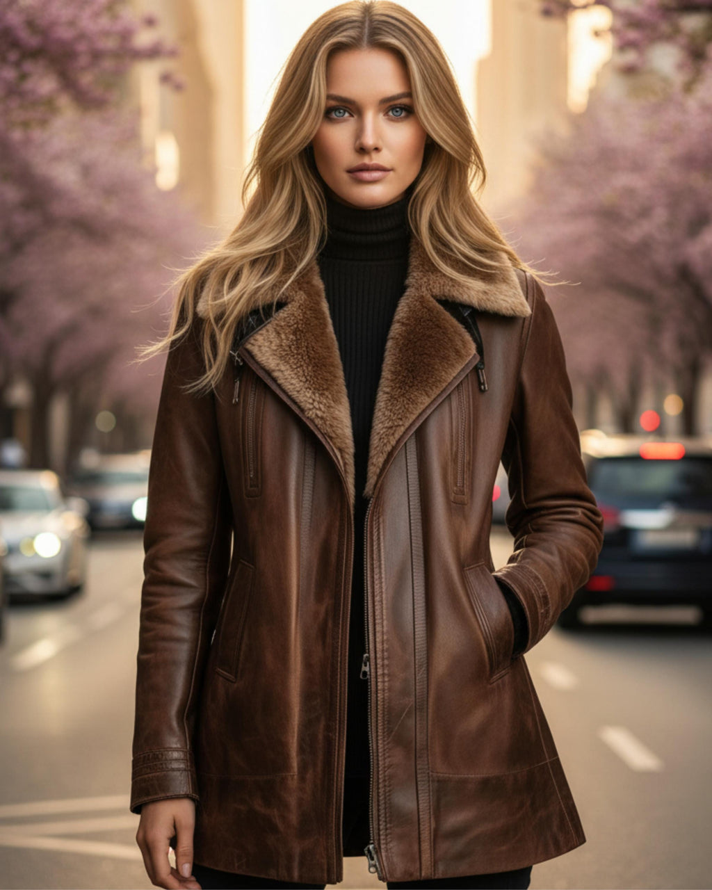 Women’s Brown Shearling Coat | Handmade Natural Leather Winter Jacket with Faux Fur Collar & Lapel