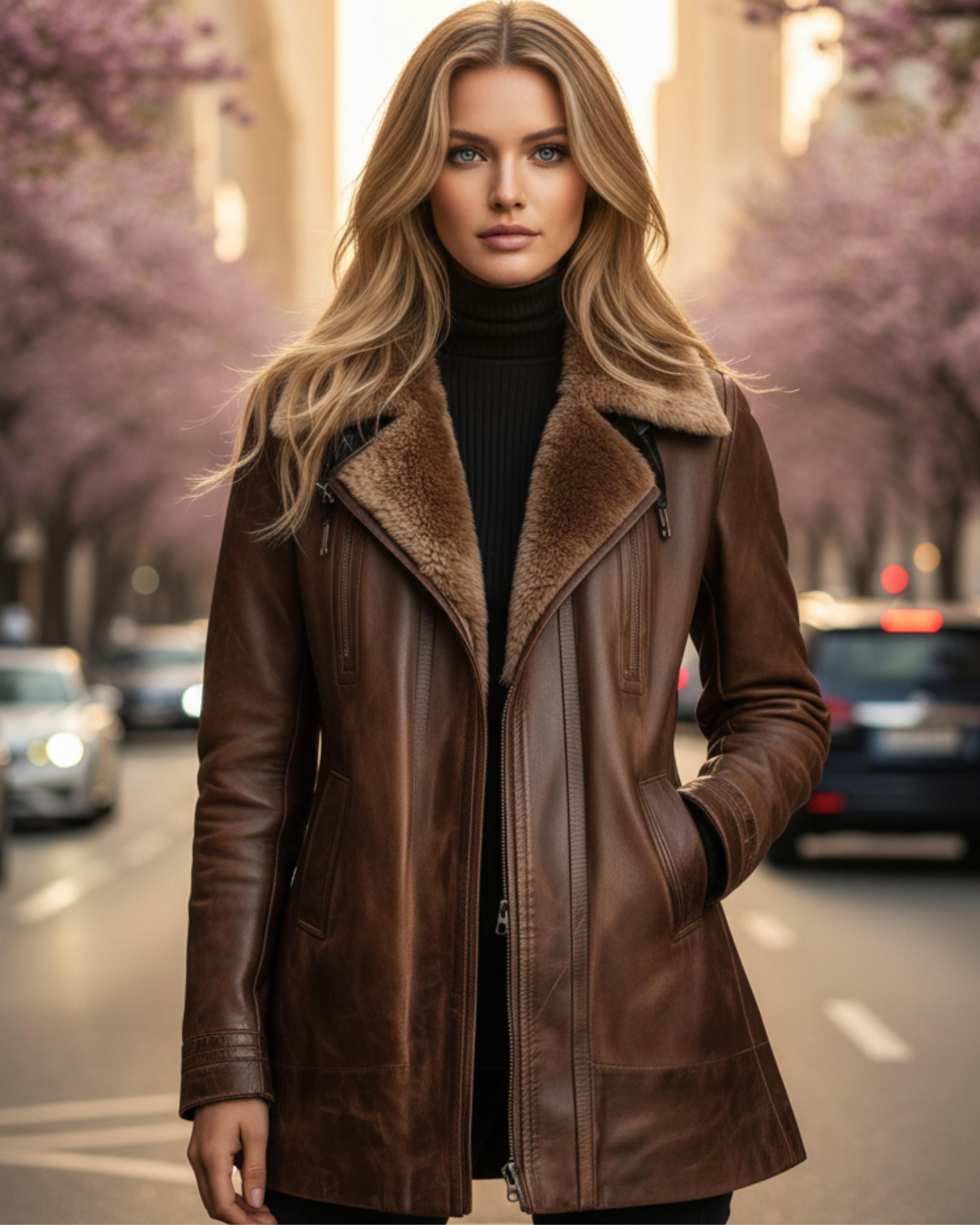 Women’s Brown Shearling Coat | Handmade Natural Leather Winter Jacket with Faux Fur Collar & Lapel