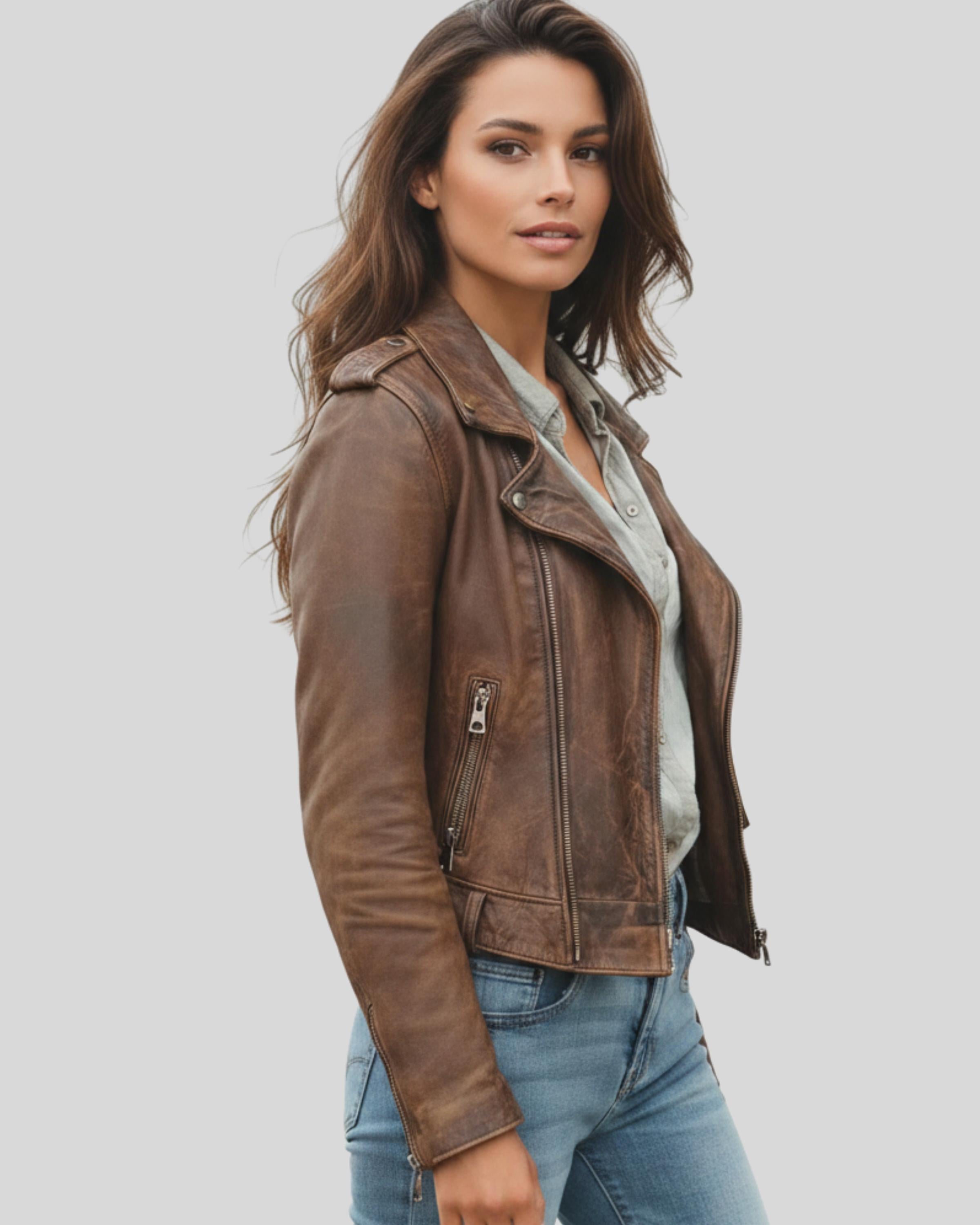 Women’s Brown Lambskin Leather Jacket | Vintage Distressed Biker Style | Handmade Real Leather Outerwear | Gift for her