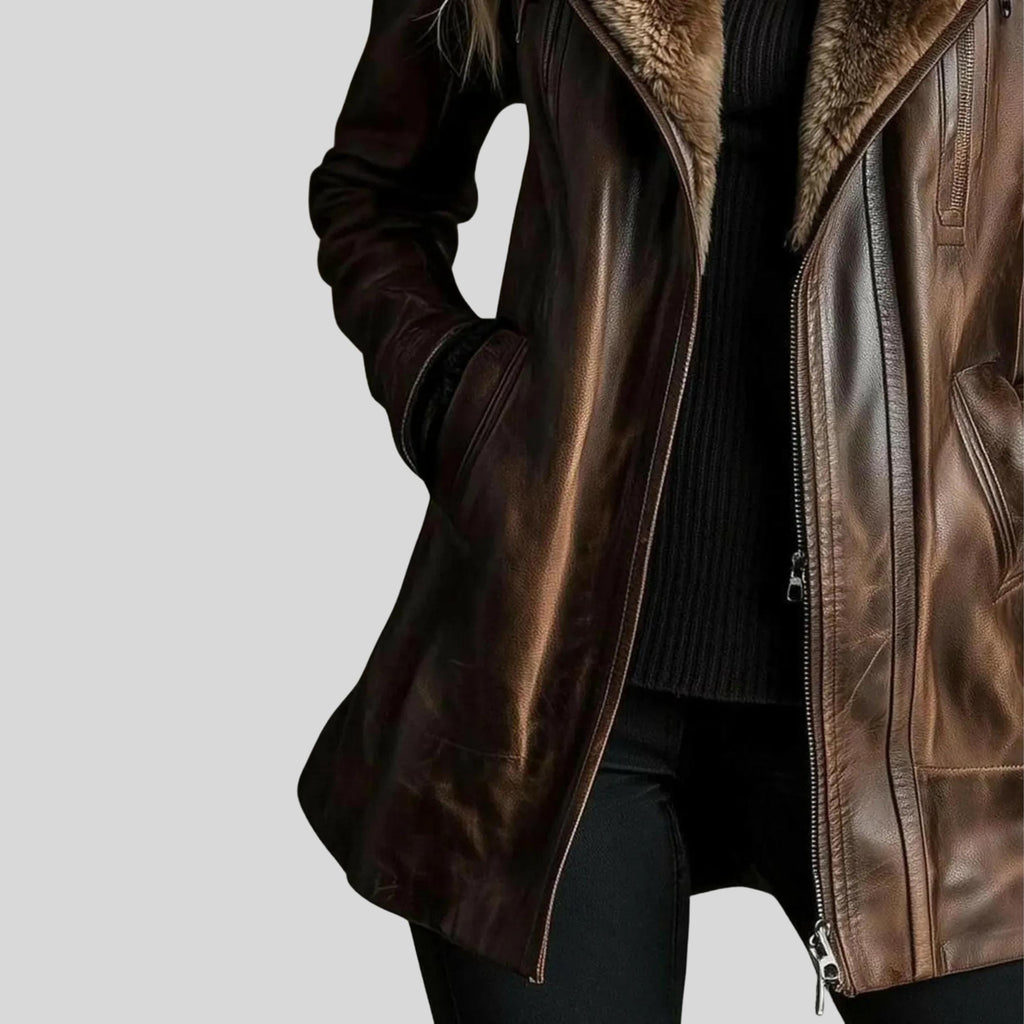 Women’s Brown Shearling Coat | Handmade Natural Leather Winter Jacket with Faux Fur Collar & Lapel