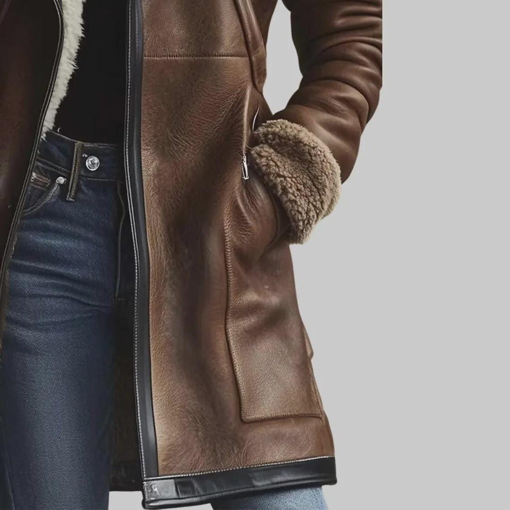 Women's Sheepskin Aviator Jacket | Genuine Leather Coat | Faux Fur Lapel Collar