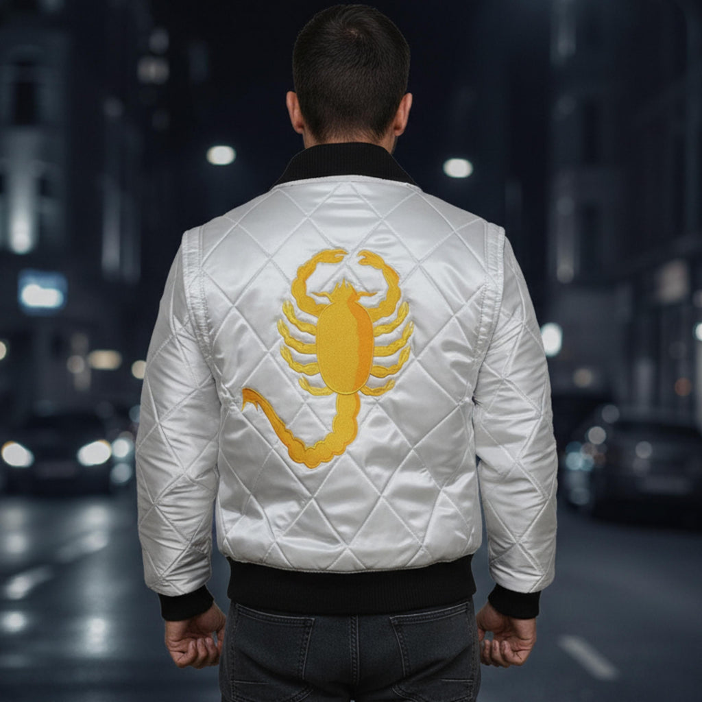 Ryan Gosling Drive Scorpion Jacket | Lightweight White Satin Bomber Jacket | Handmade Retro Movie Inspired Varsity Biker Outerwear