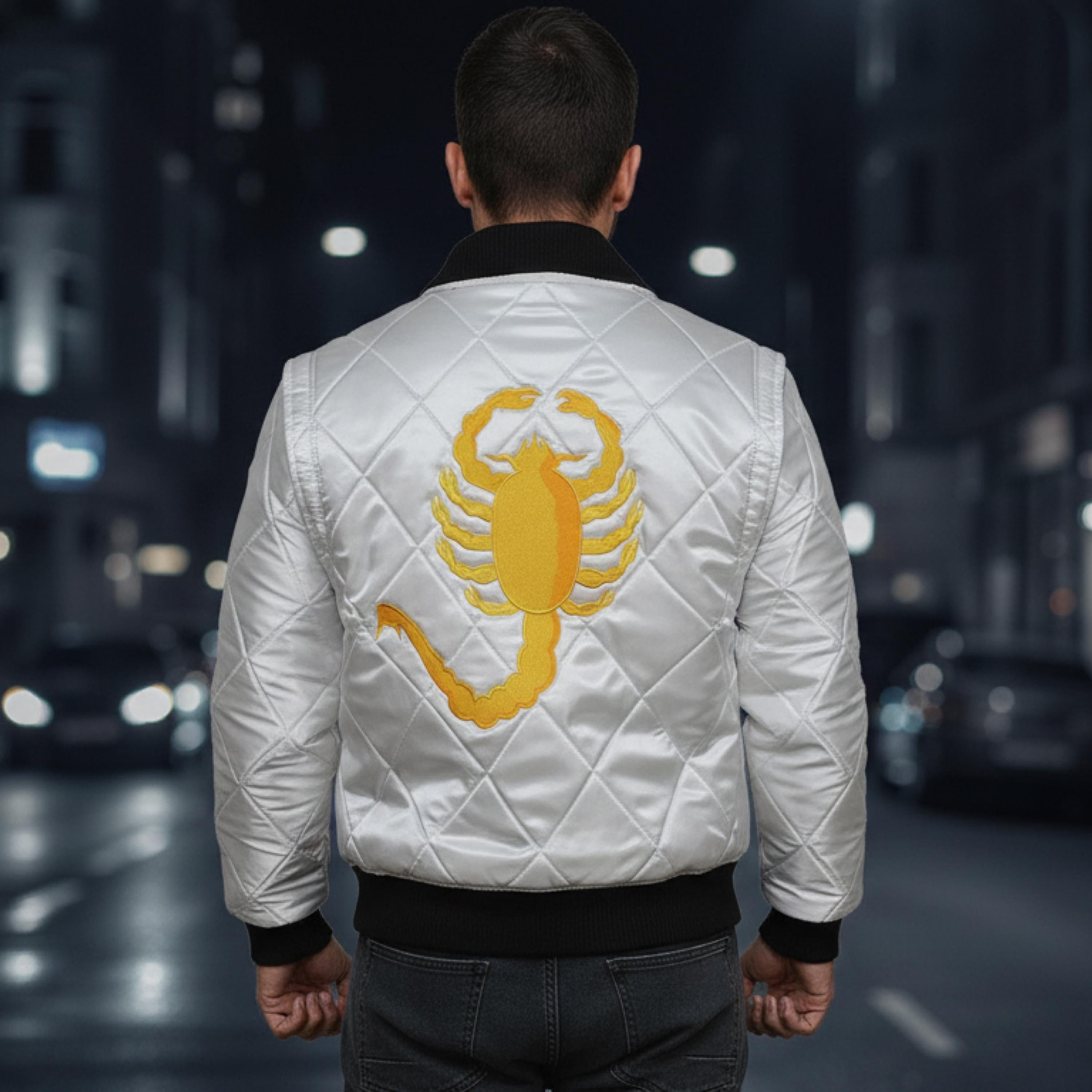 Ryan Gosling Drive Scorpion Jacket | Lightweight White Satin Bomber Jacket | Handmade Retro Movie Inspired Varsity Biker Outerwear