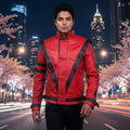 Michael Jackson Thriller Jacket Red Leather | 80s Pop Star Cosplay Costume | MJ Inspired Retro Biker Jacket Black Stripe Statement Outfit