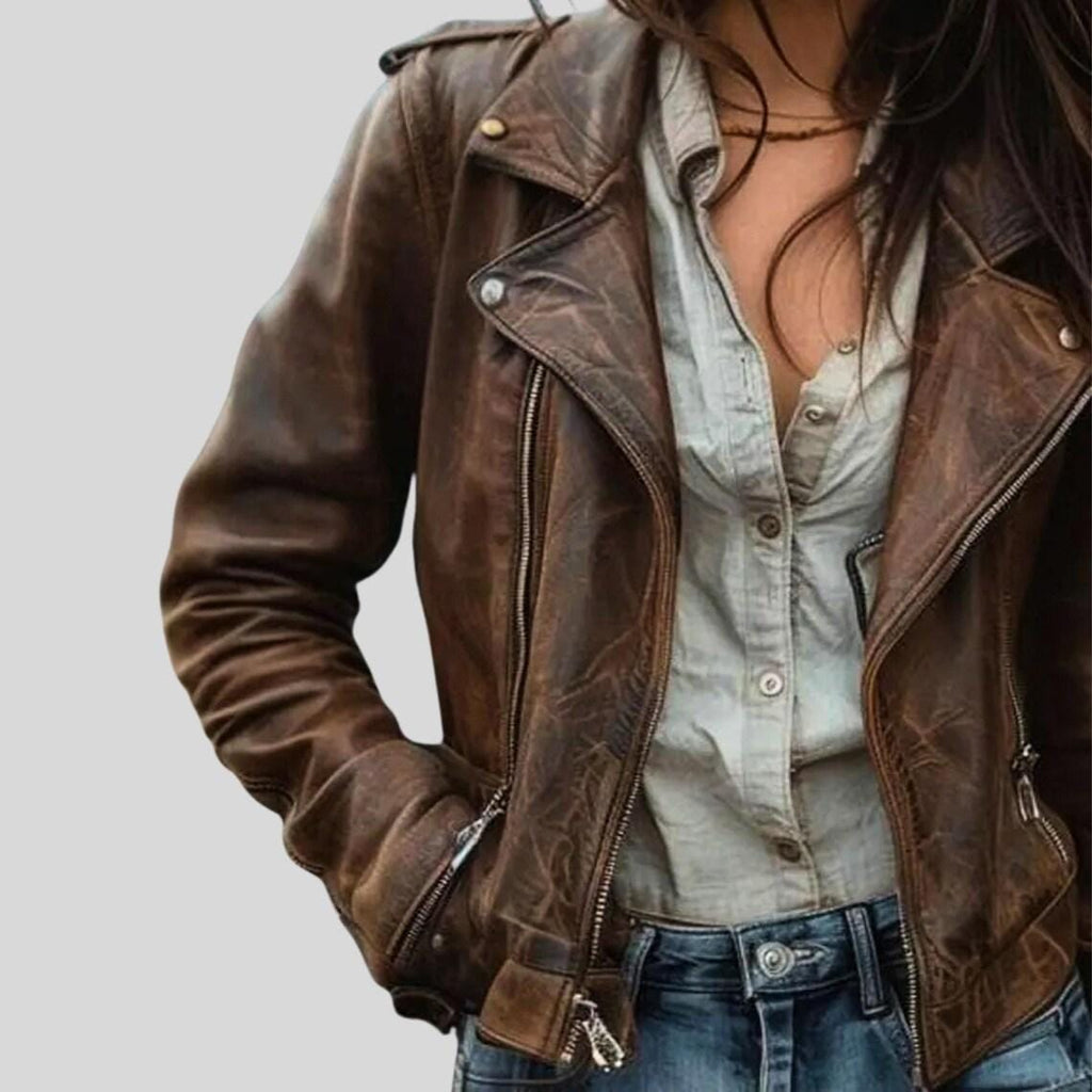 Women’s Brown Lambskin Leather Jacket | Vintage Distressed Biker Style | Handmade Real Leather Outerwear | Gift for her