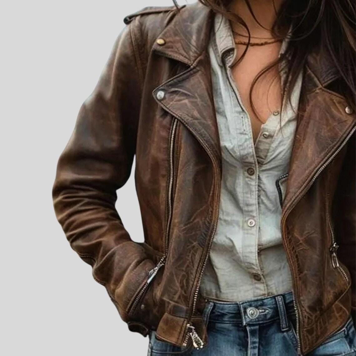 Women’s Brown Lambskin Leather Jacket | Vintage Distressed Biker Style | Handmade Real Leather Outerwear | Gift for her