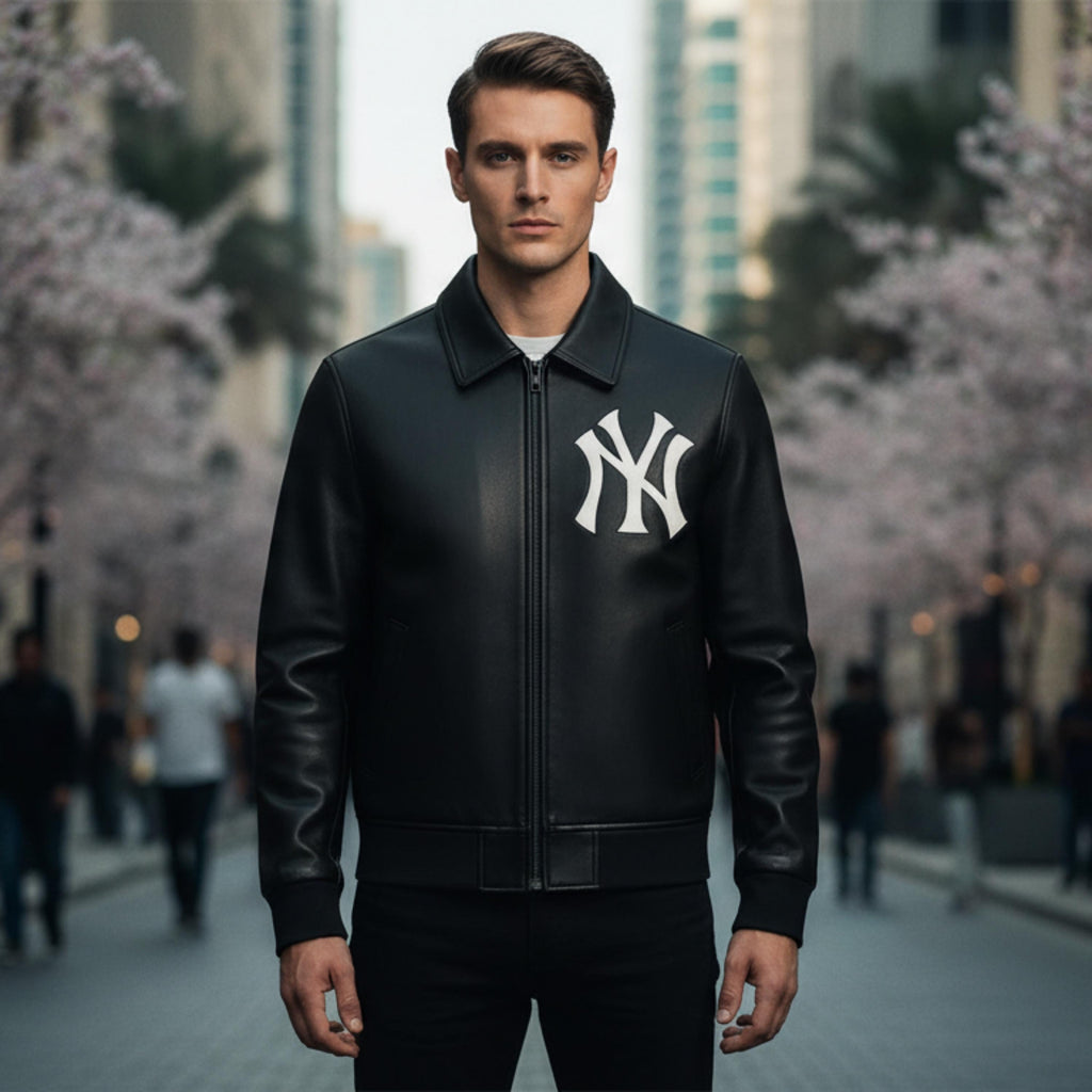 Black Yankees Leather Varsity Jacket | Vintage NY Embroidered Bomber