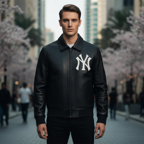 Black Yankees Leather Varsity Jacket | Vintage NY Embroidered Bomber