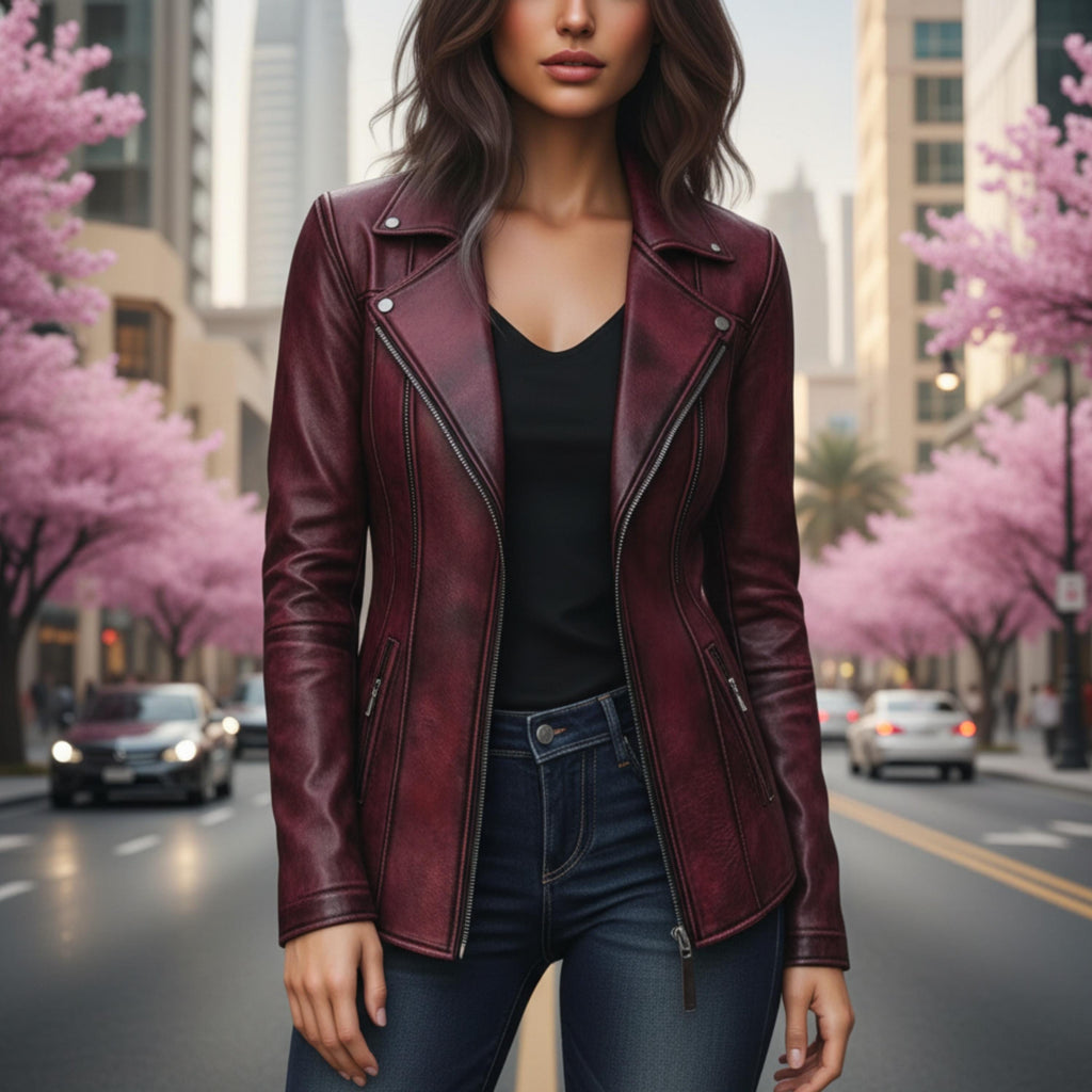 Women's Vintage Burgundy Natural Leather Jacket | Handmade Retro Coat