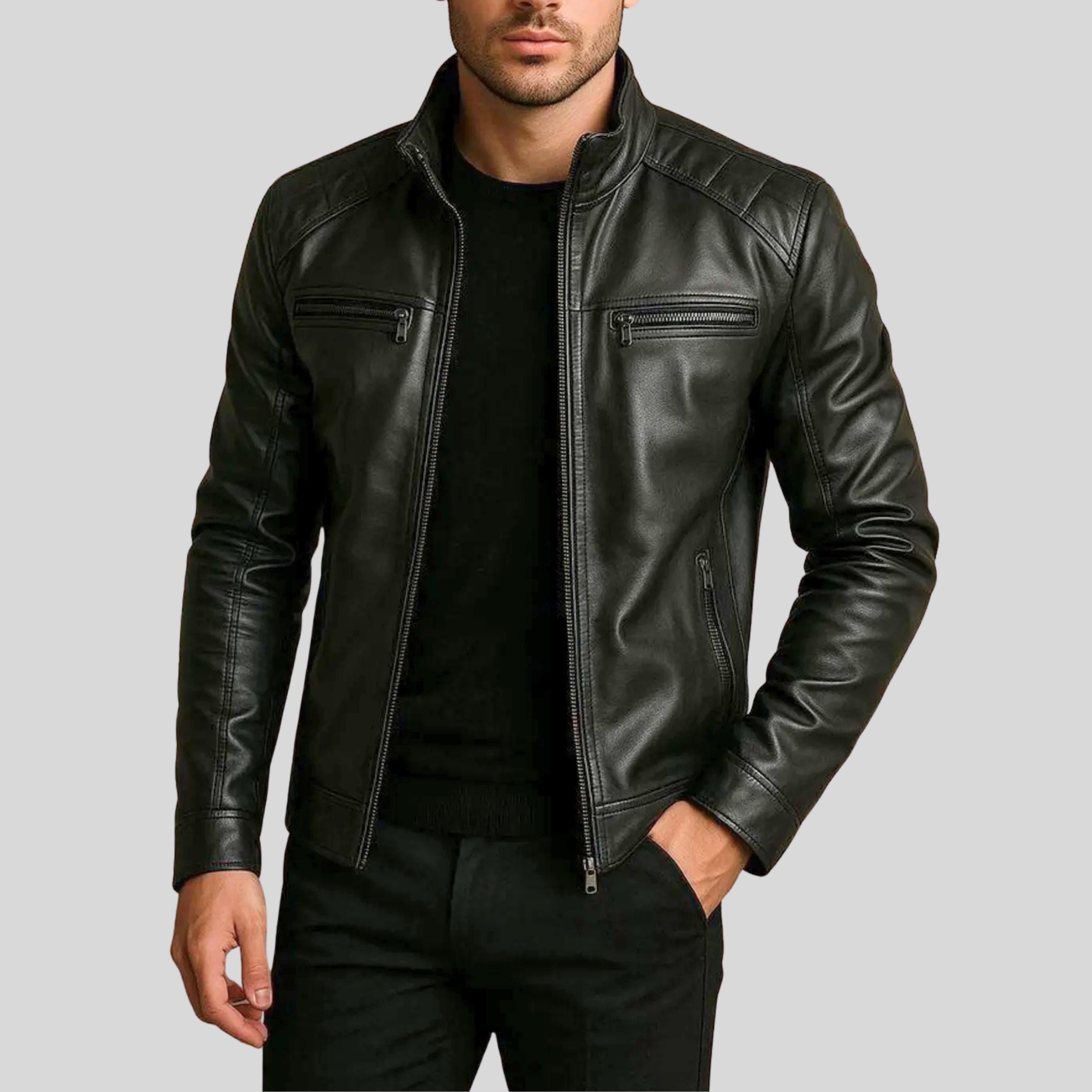 Men’s Handmade Black Lambskin Leather Moto Jacket | Slim Fit Motorcycle Biker Outerwear