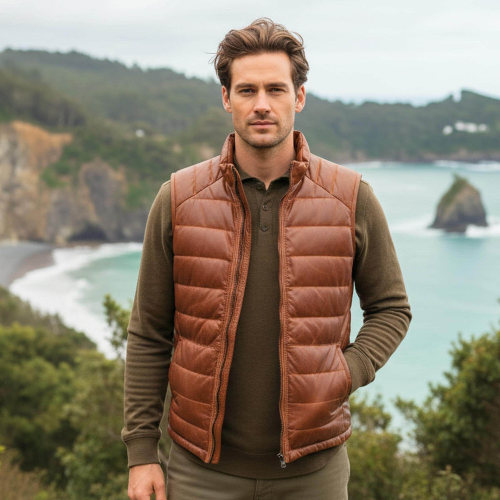 Men’s Distressed Brown Lambskin Leather Quilted Puffer Vest | Bridger Style Down Vest | Australia New Zealand Fashion Outerwear