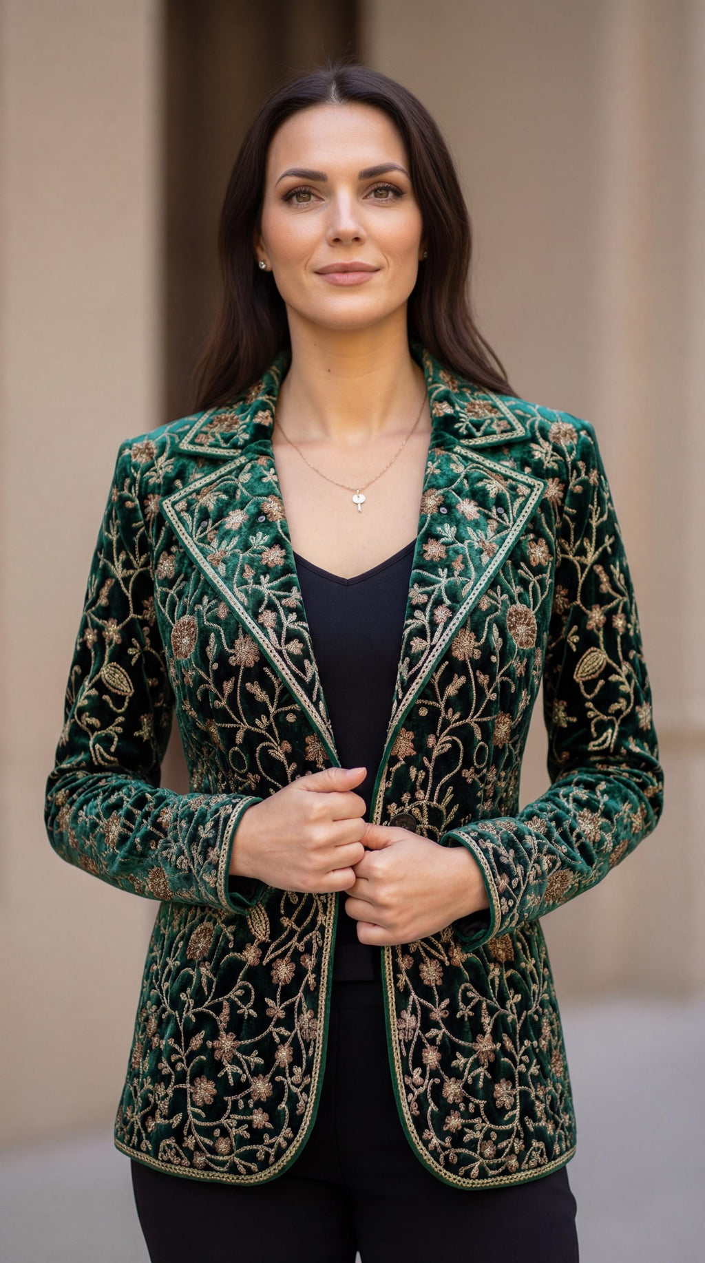 Women’s Embroidered Velvet Long Coat | Blush Green Floral Boho Jacket | Luxury Evening Peacock Ethnic Wear