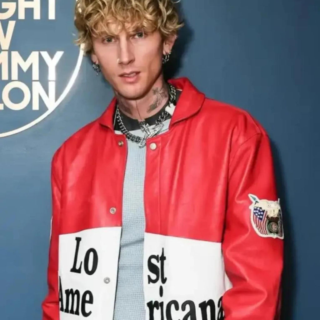 MGK Tonight Show Inspired Jacket | Lost Americana Retro Streetwear Leather Coat | Red & White Vintage Statement Jacket