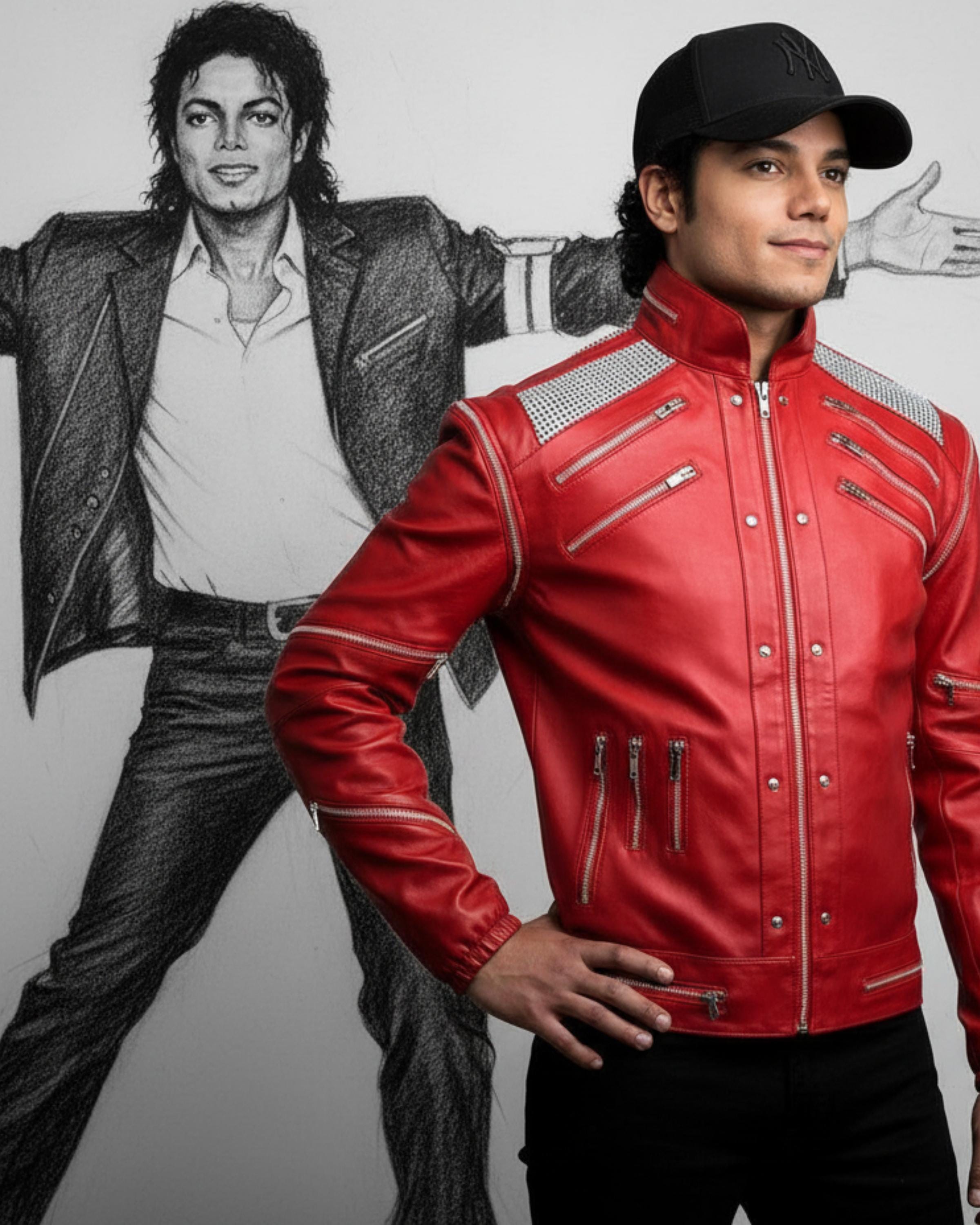 Handmade Michael Jackson Beat It Inspired Red Leather Jacket | 80s Biker MJ Tribute Costume | Zip-up Genuine Leather Cosplay Outfit