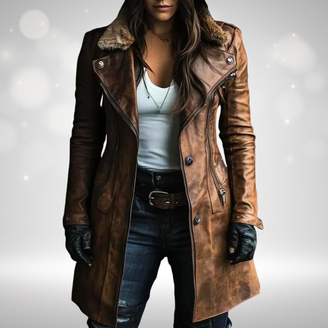 Women's Handmade Distressed Brown Leather Coat | Vintage Lambskin Shearling Collar Long Jacket
