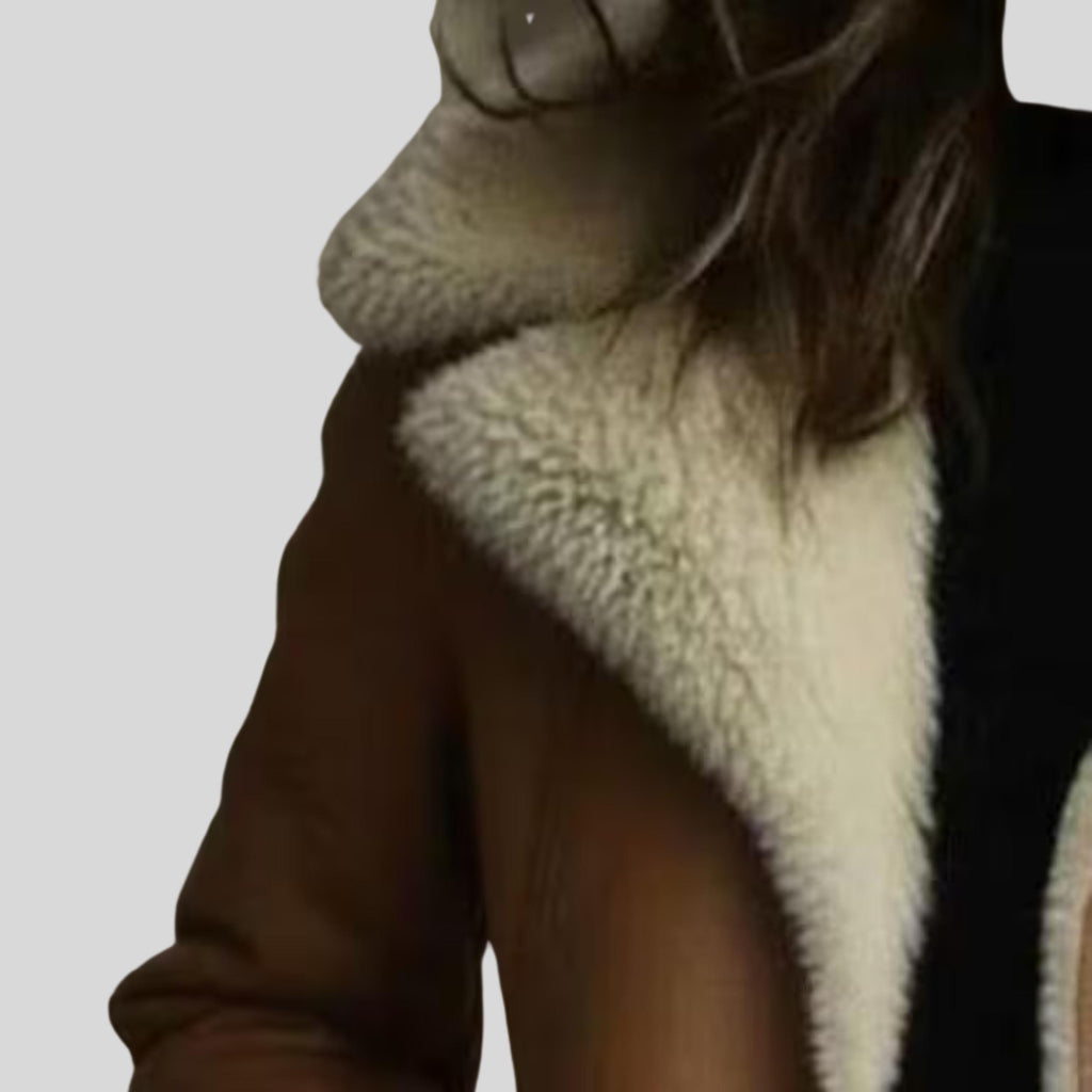 Women's Sheepskin Aviator Jacket | Genuine Leather Tan Brown Coat | Faux Fur Lapel Collar