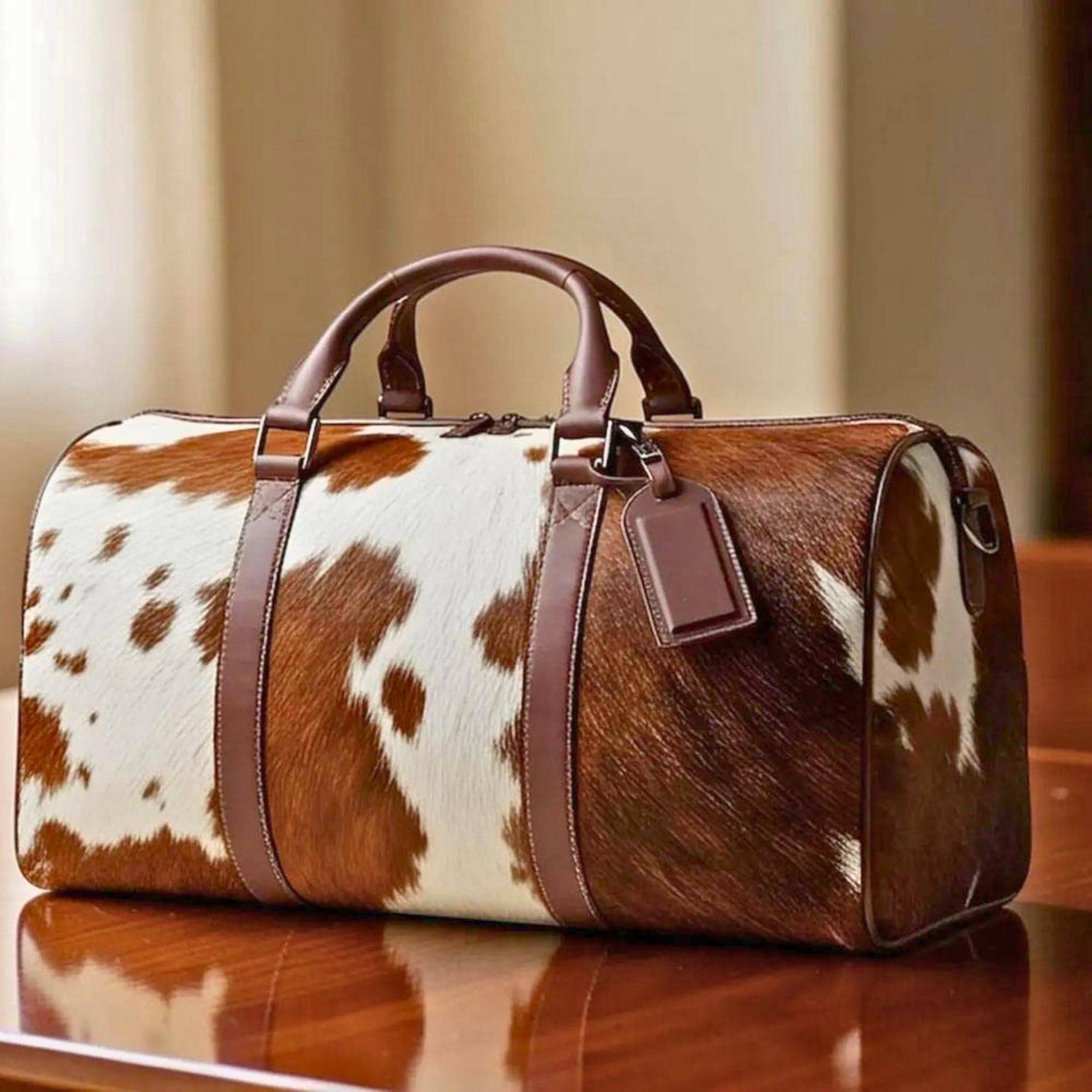 Personalized Cowhide Leather Duffel Bag | Hair On Hide Weekender Travel Bag | Handmade Western Unisex Overnight Gym Bag | Gift for Dad