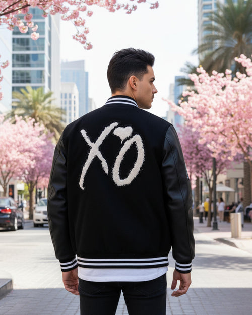 Handmade XO Varsity Jacket | Black Wool & Leather Bomber Jacket | Letterman College Baseball Outerwear | Gift For Him