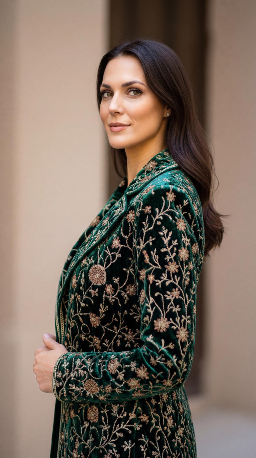 Women’s Embroidered Velvet Long Coat | Blush Green Floral Boho Jacket | Luxury Evening Peacock Ethnic Wear