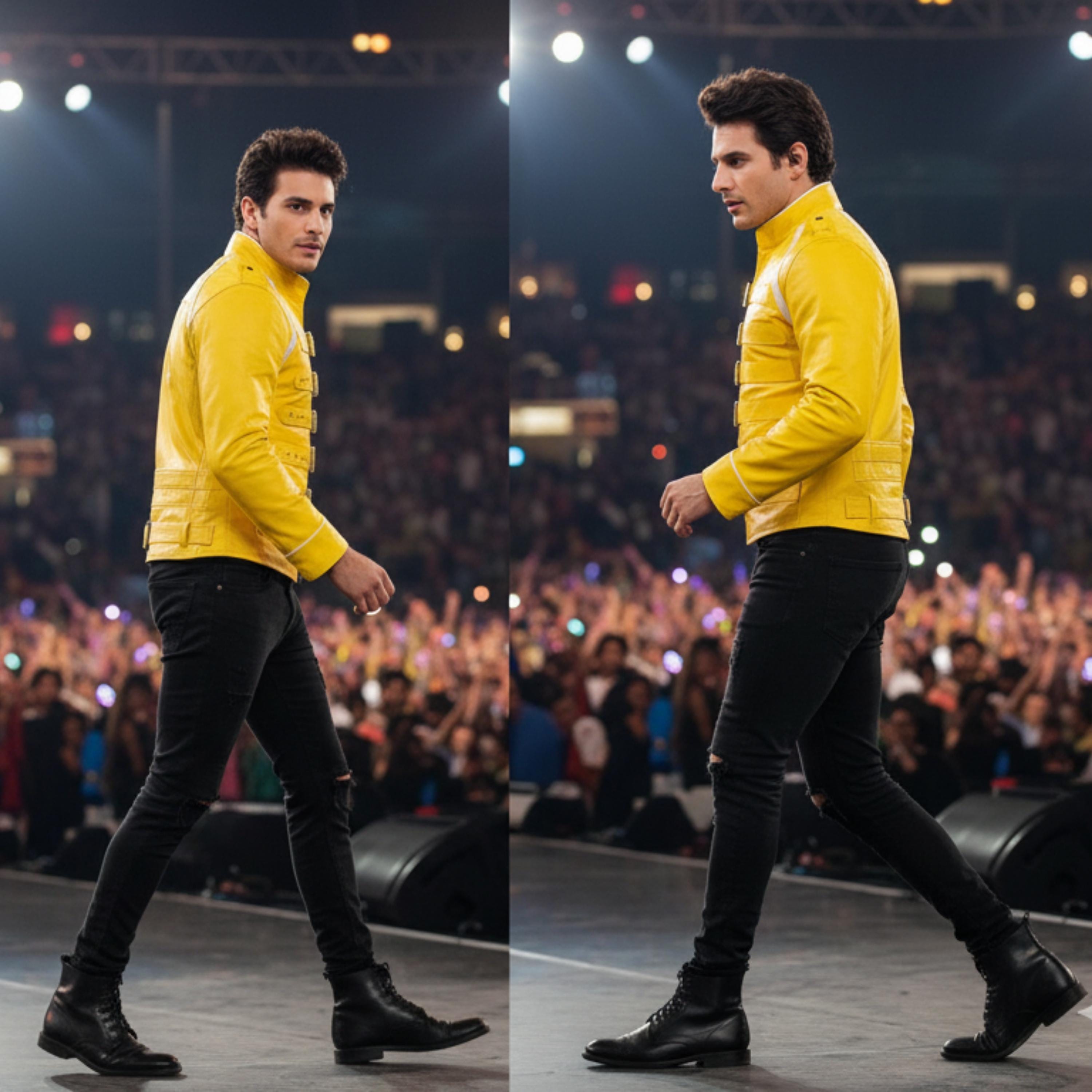 Freddie Mercury Yellow Faux Leather Jacket | Wembley Concert Inspired Military Style Coat | 80s Rock Star Buckle Strap Jacket