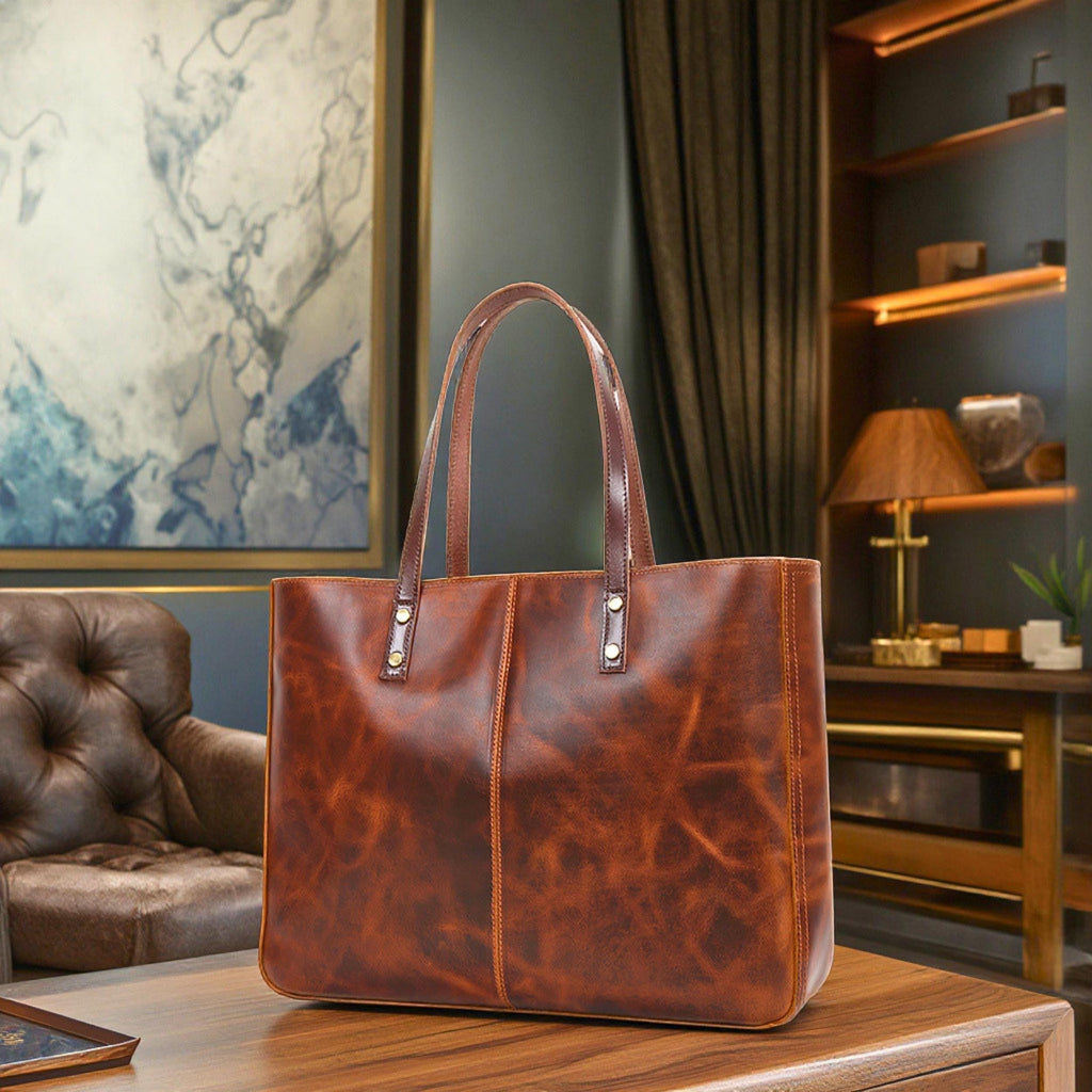 Personalized Full Grain Leather Tote for Women | Large Work & Laptop Shoulder Bag | Handmade Business Purse | Gift for Her