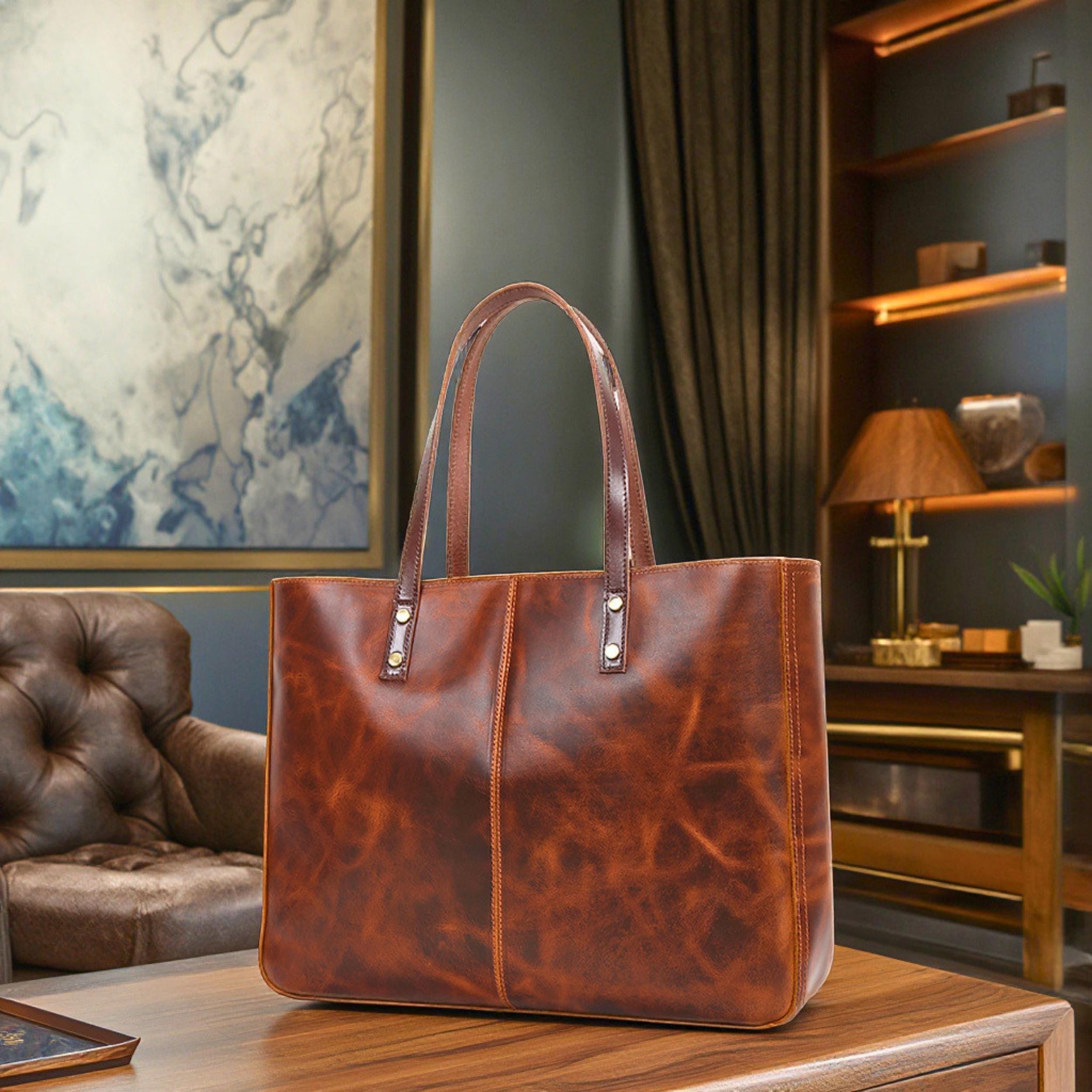 Personalized Full Grain Leather Tote for Women | Large Work & Laptop Shoulder Bag | Handmade Business Purse | Gift for Her