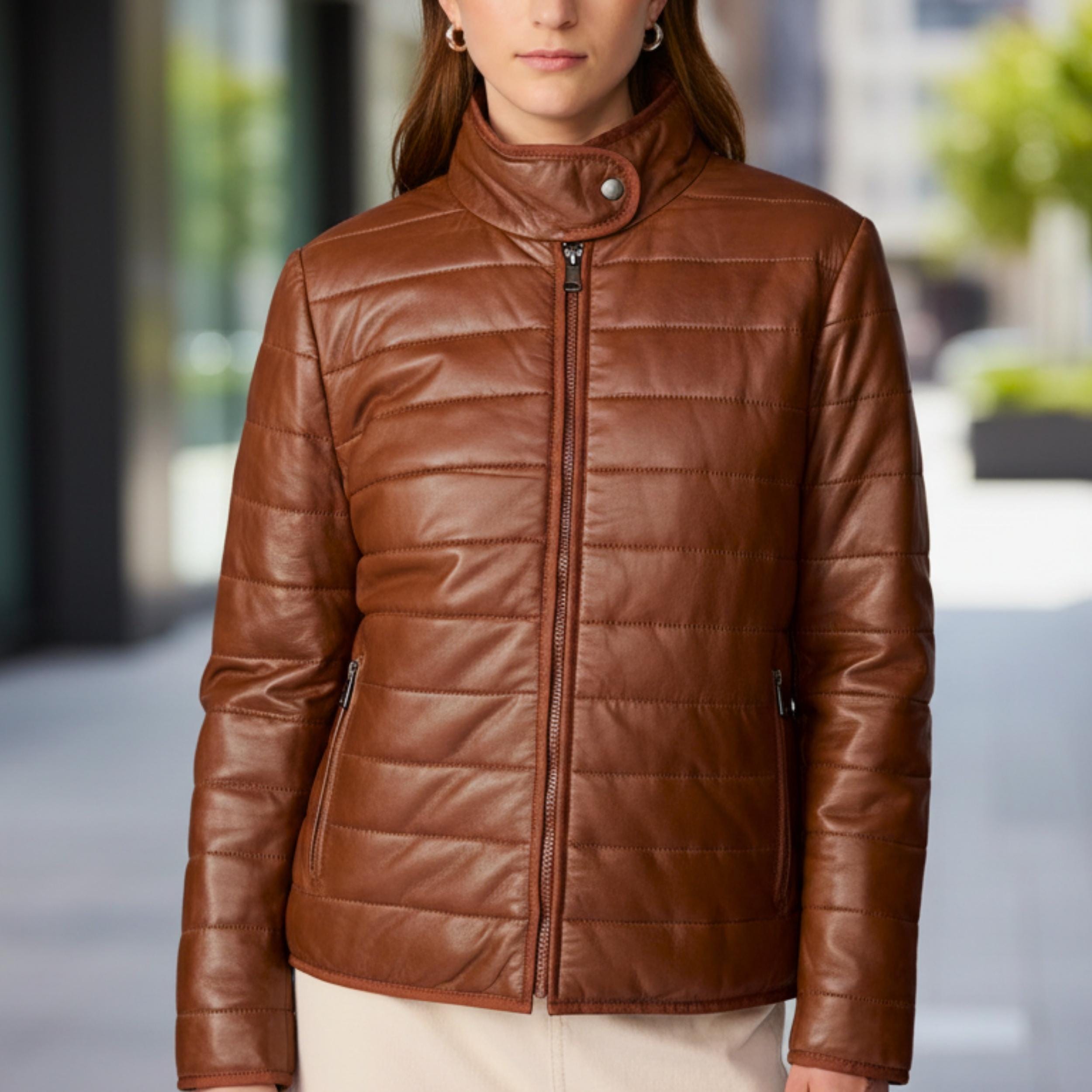 Women Lambskin Leather Puffer Jacket | Quilted Brown Winter Coat | Warm Zip-Up Bomber Jacket | Luxury Outerwear Gift | Australia NZ Fashion