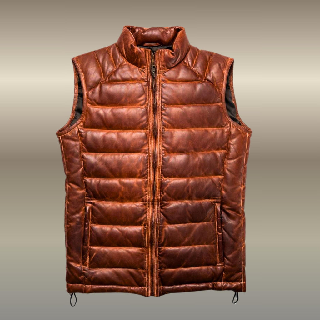 Men’s Distressed Brown Lambskin Leather Quilted Puffer Vest | Bridger Style Down Vest | Australia New Zealand Fashion Outerwear