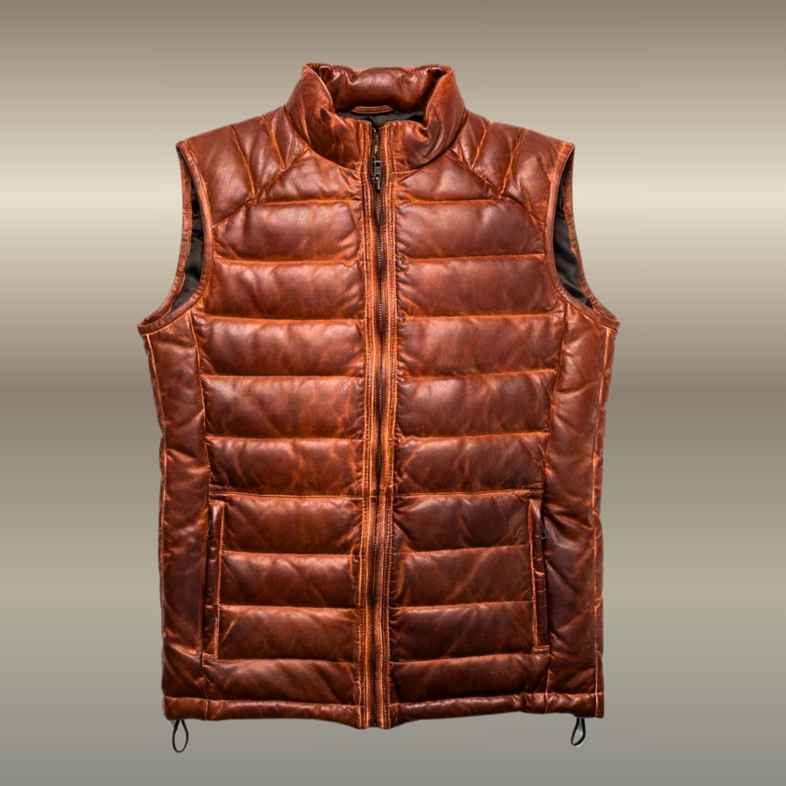 Men’s Distressed Brown Lambskin Leather Quilted Puffer Vest | Bridger Style Down Vest | Australia New Zealand Fashion Outerwear