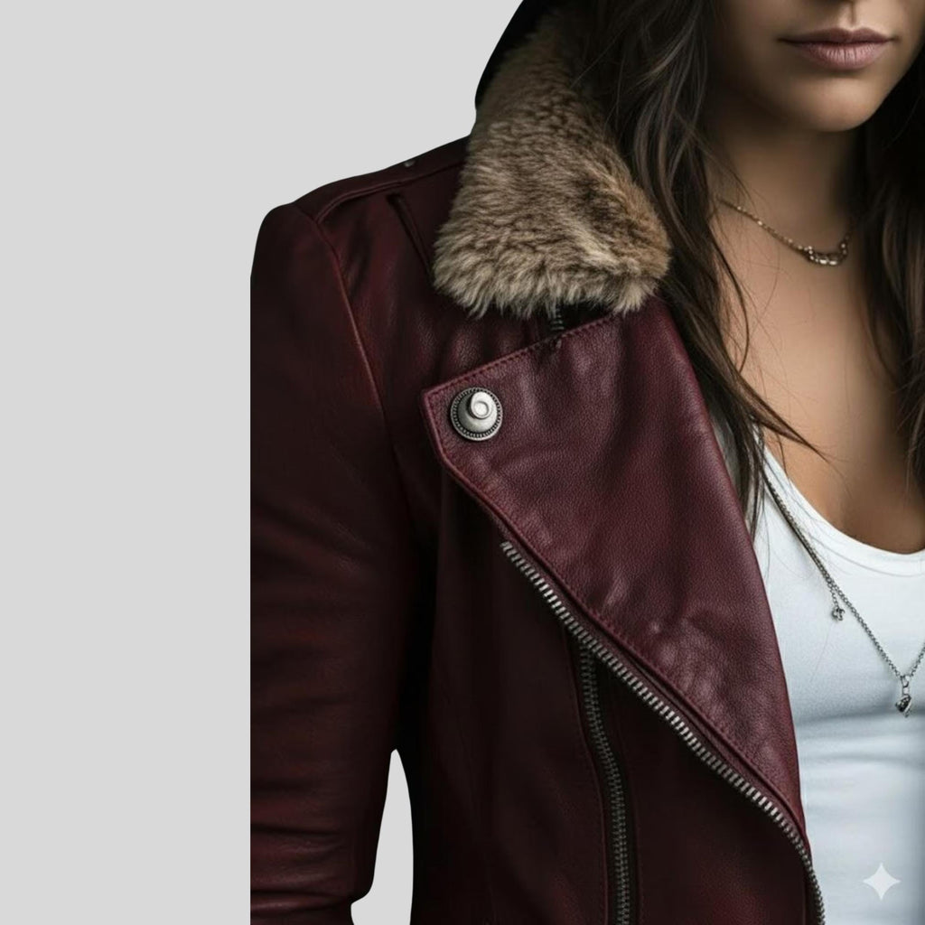 Women's Burgundy Sheepskin Aviator Jacket | Genuine Leather Lapel Collar Coat | Faux Fur Collar