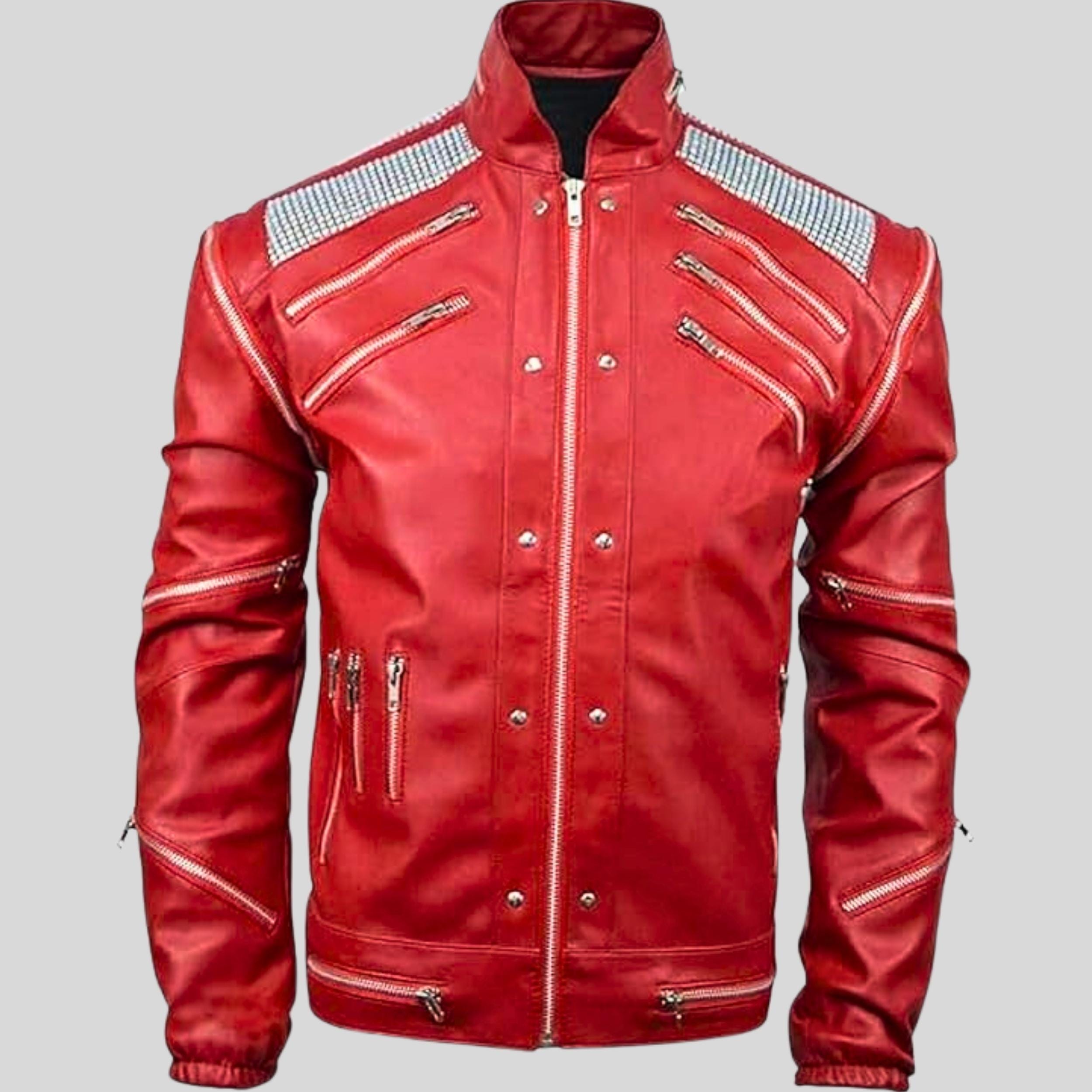 Handmade Michael Jackson Beat It Inspired Red Leather Jacket | 80s Biker MJ Tribute Costume | Zip-up Genuine Leather Cosplay Outfit