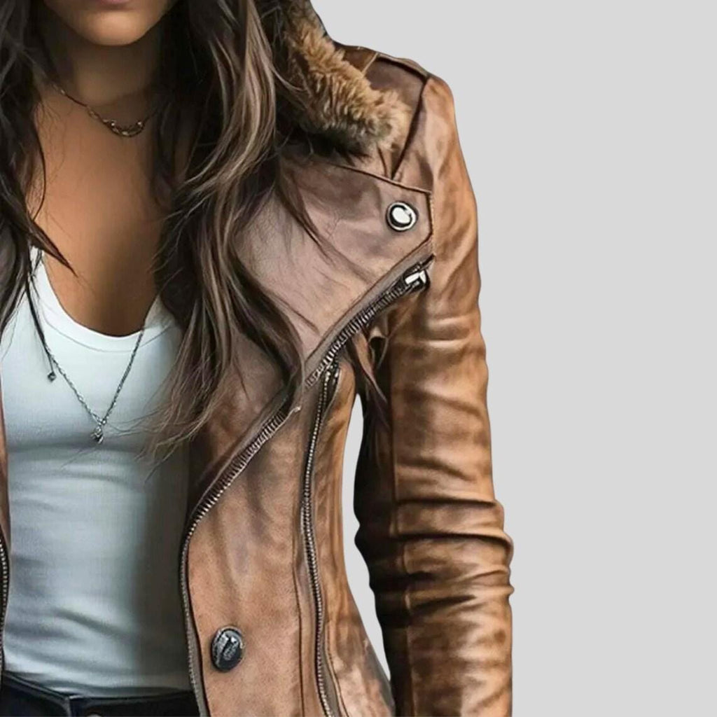 Women's Handmade Distressed Brown Leather Coat | Vintage Lambskin Shearling Collar Long Jacket