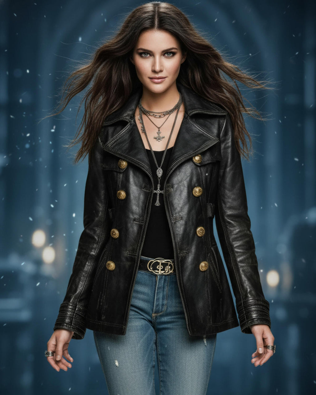 Women’s Handmade Black Distressed Jeans Style Leather Coat | Vintage Style Double-Breasted Gold Button Jacket | Goth Outerwear