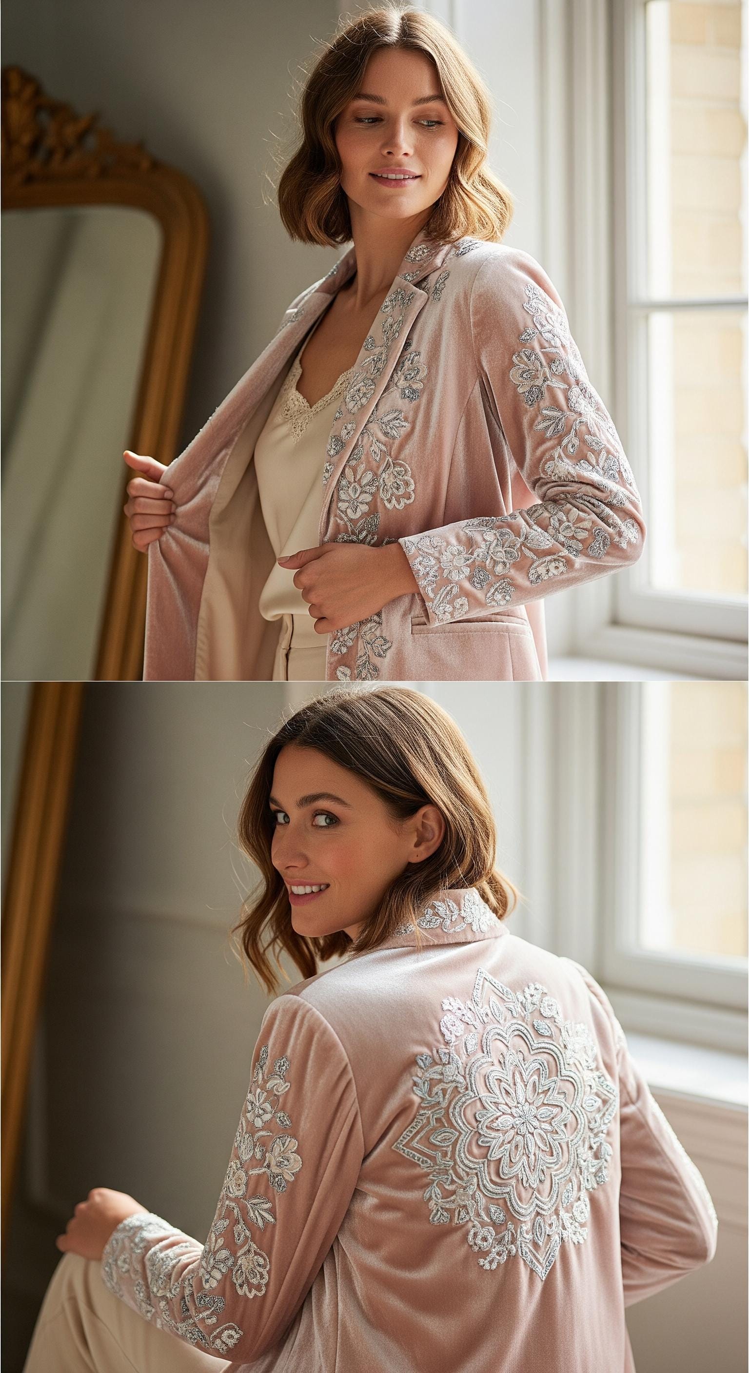 Hand-Embroidered Velvet Coat | Blush Pink Floral Longline Jacket