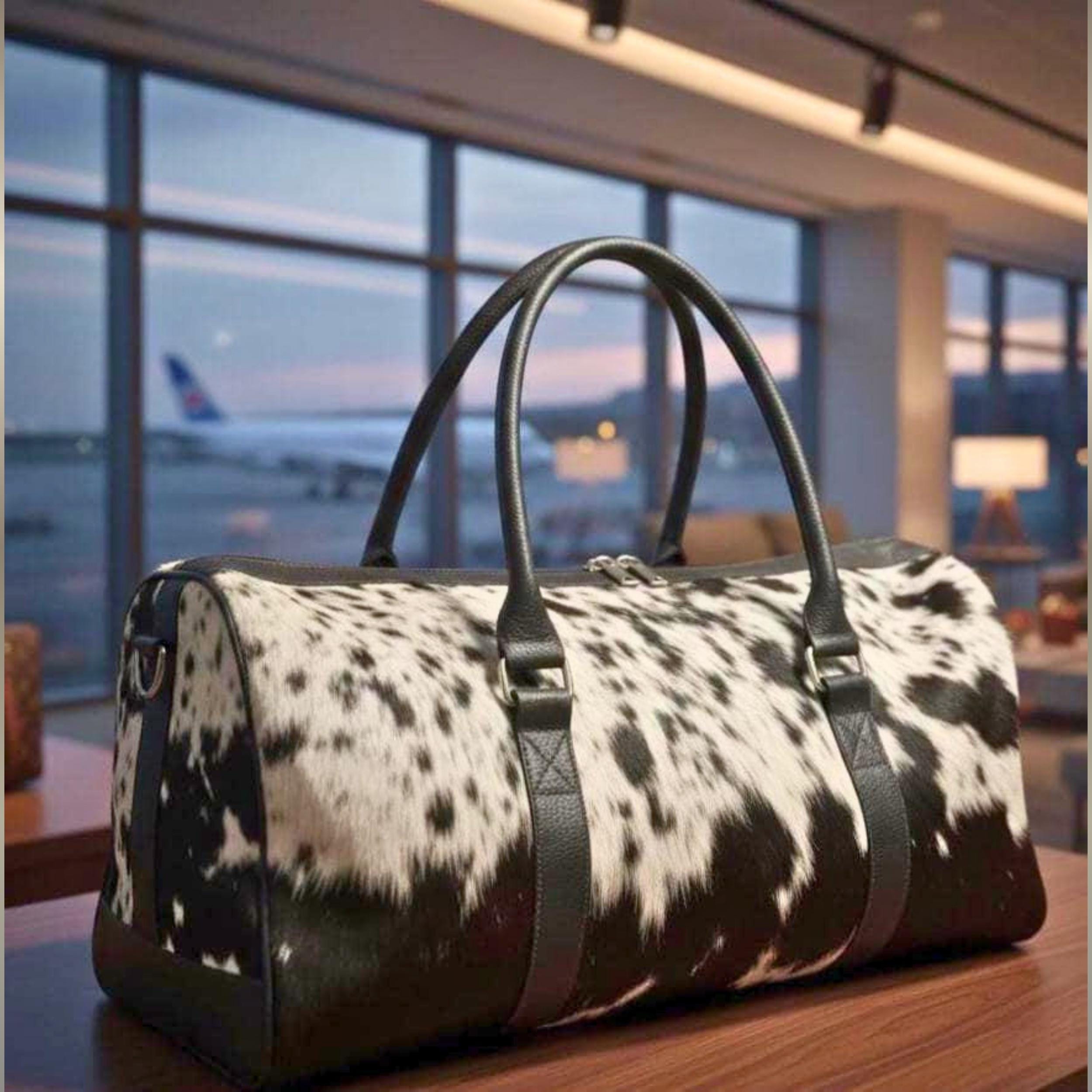 Personalized Cowhide Leather Duffel Bag | Hair On Hide Weekender Travel Bag | Handmade Western Unisex Overnight Gym Bag | Gift for Him Her