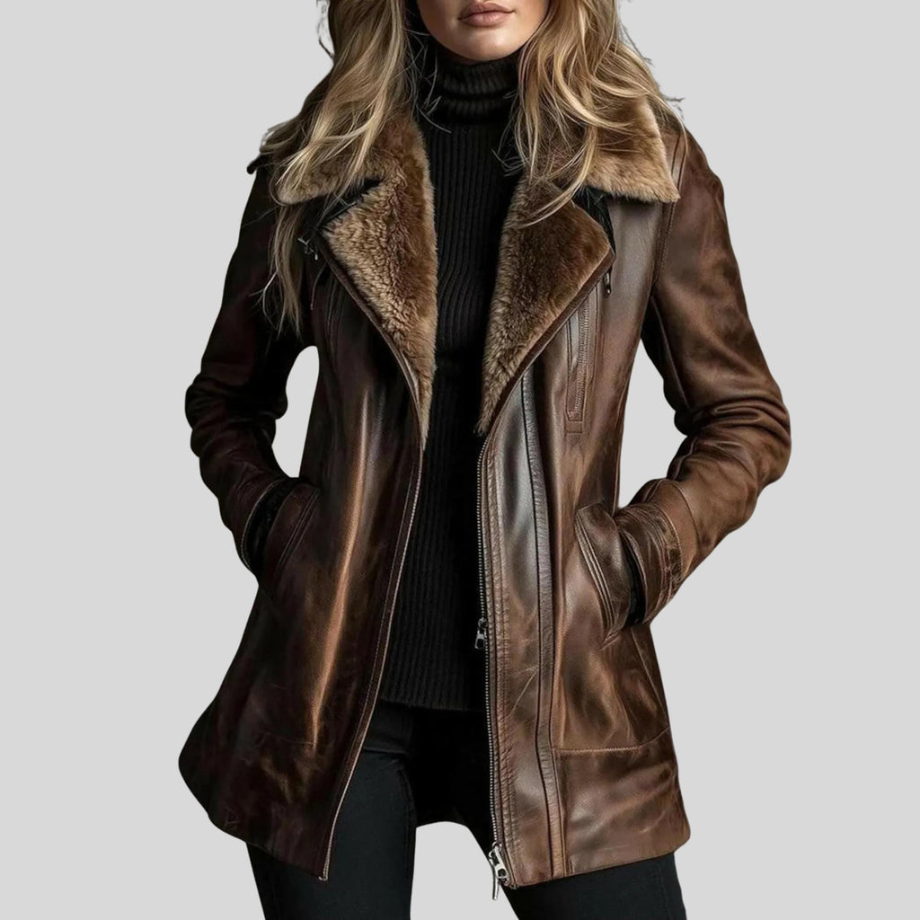 Women’s Brown Shearling Coat | Handmade Natural Leather Winter Jacket with Faux Fur Collar & Lapel