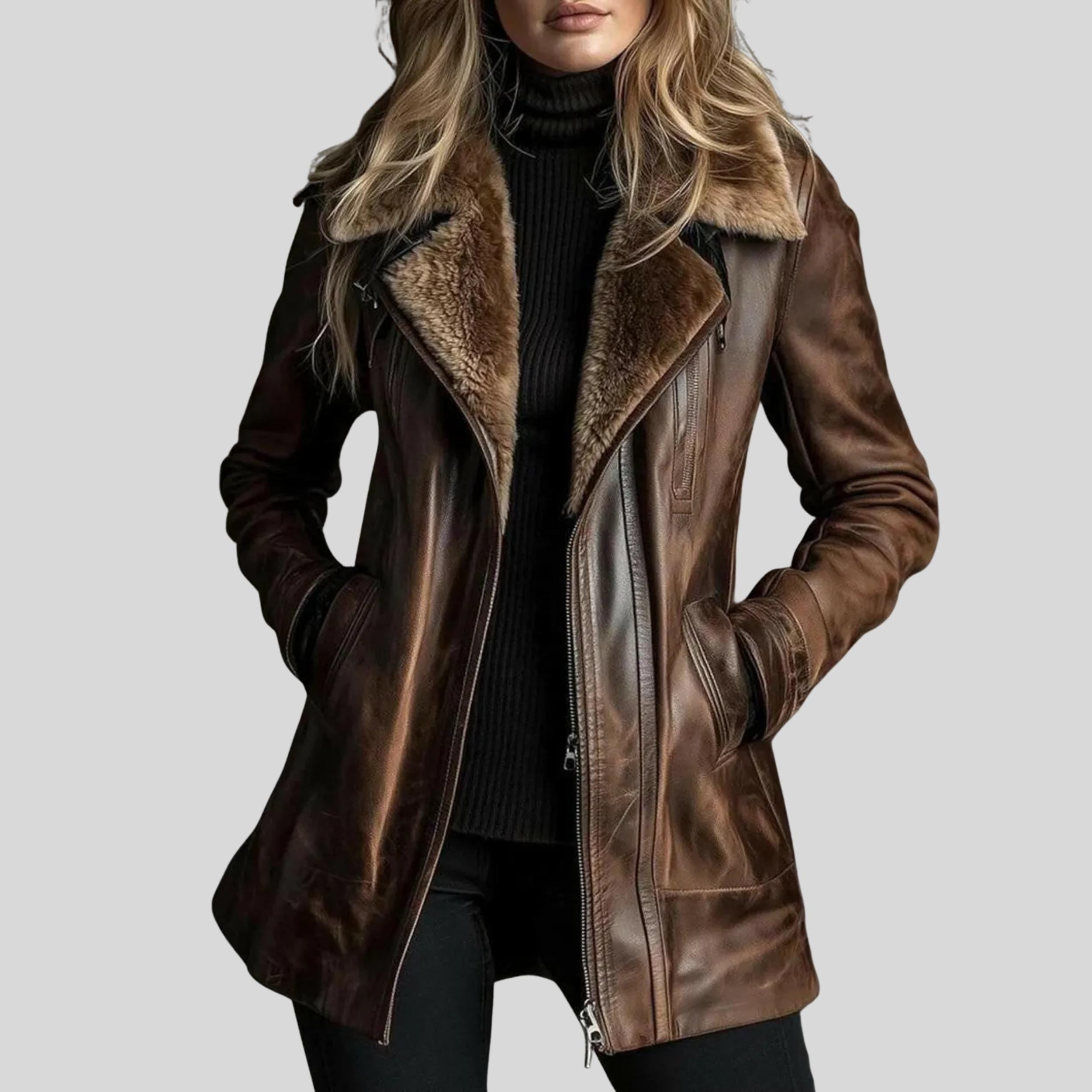 Women’s Brown Shearling Coat | Handmade Natural Leather Winter Jacket with Faux Fur Collar & Lapel