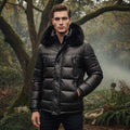 Men’s Black Quilted Puffer Leather Jacket with Fur Hood | Winter Warm Biker Style Coat for Australia & New Zealand