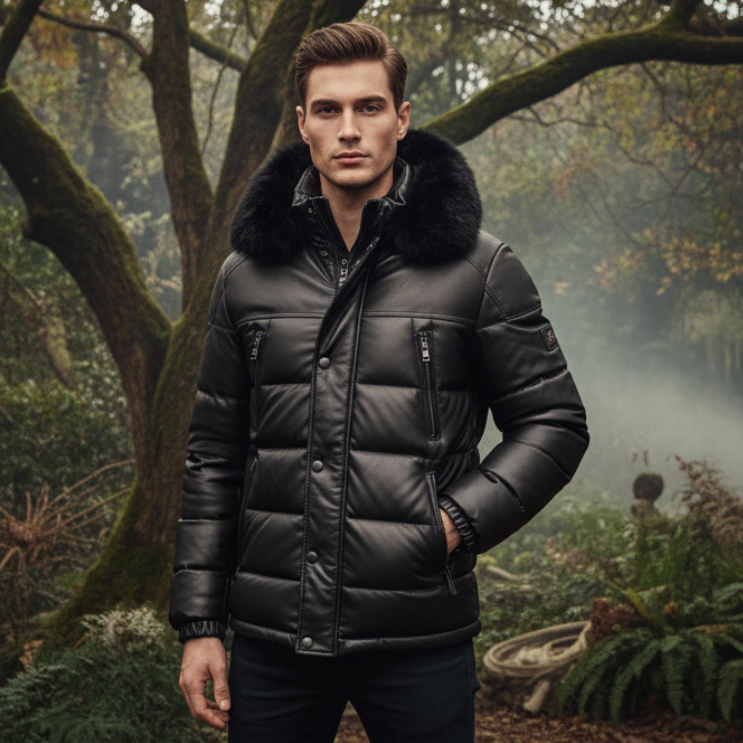 Men’s Black Quilted Puffer Leather Jacket with Fur Hood | Winter Warm Biker Style Coat for Australia & New Zealand