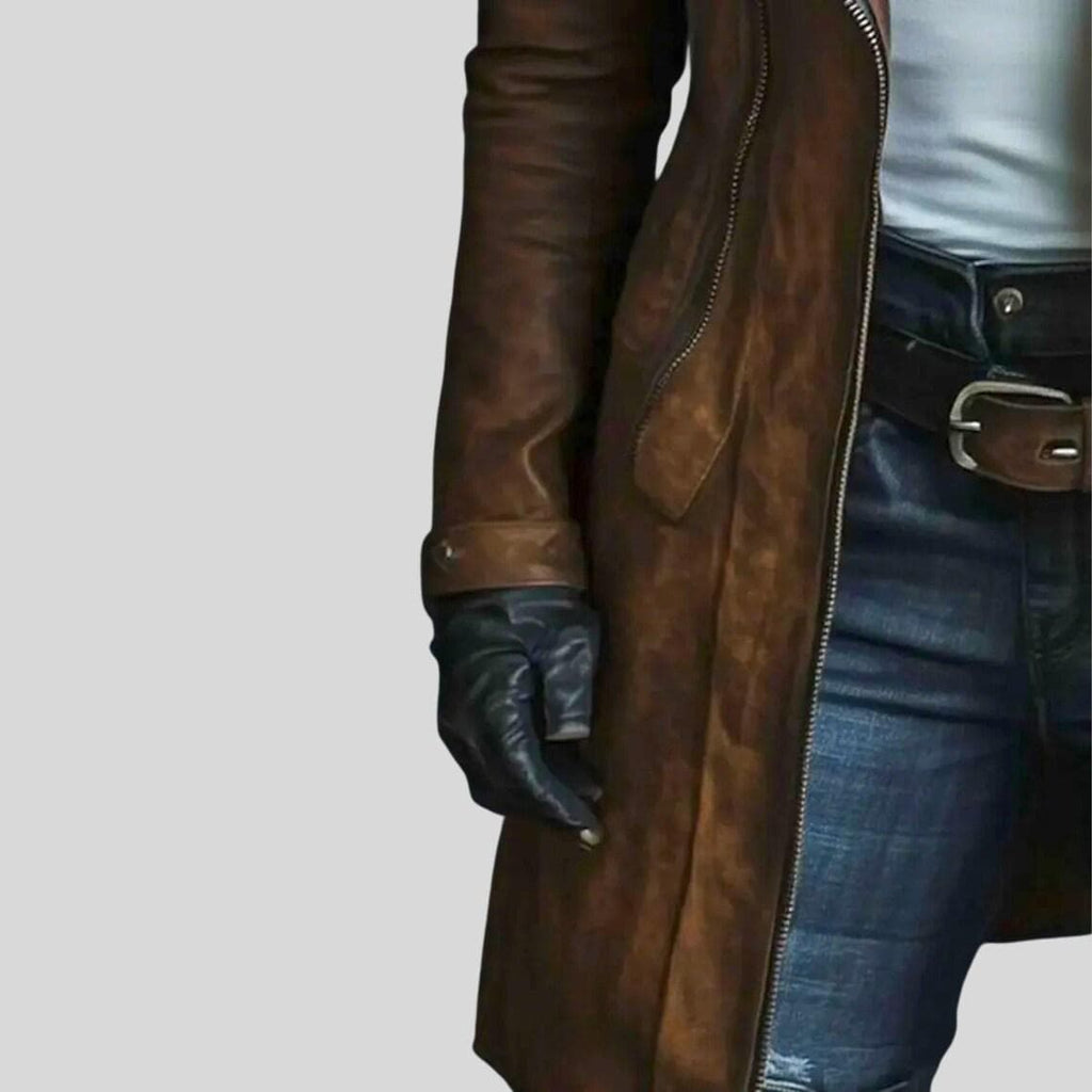 Women's Handmade Distressed Brown Leather Coat | Vintage Lambskin Shearling Collar Long Jacket