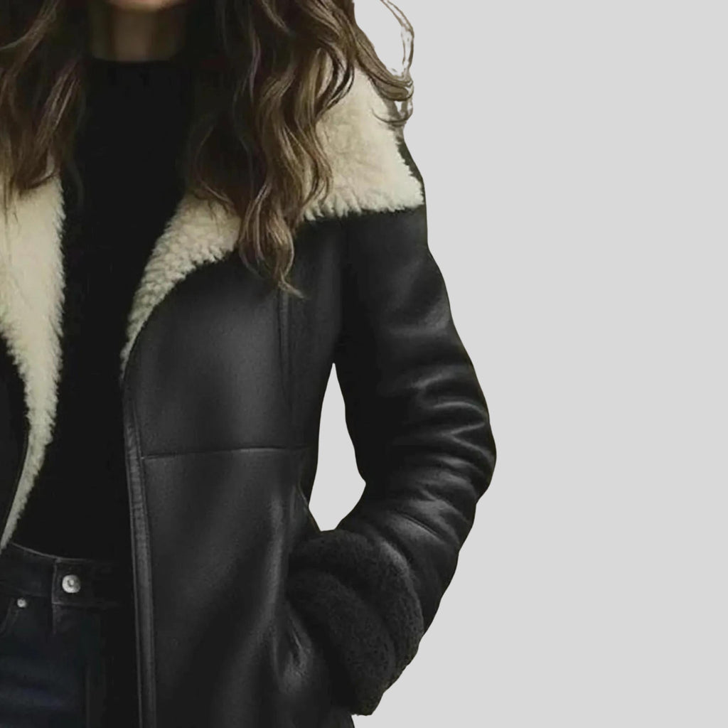 Women's Sheepskin Aviator Jacket | Genuine Leather Black Coat | Faux Fur Lapel Collar