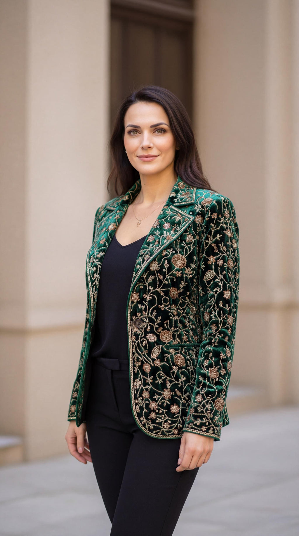 Women’s Embroidered Velvet Long Coat | Blush Green Floral Boho Jacket | Luxury Evening Peacock Ethnic Wear