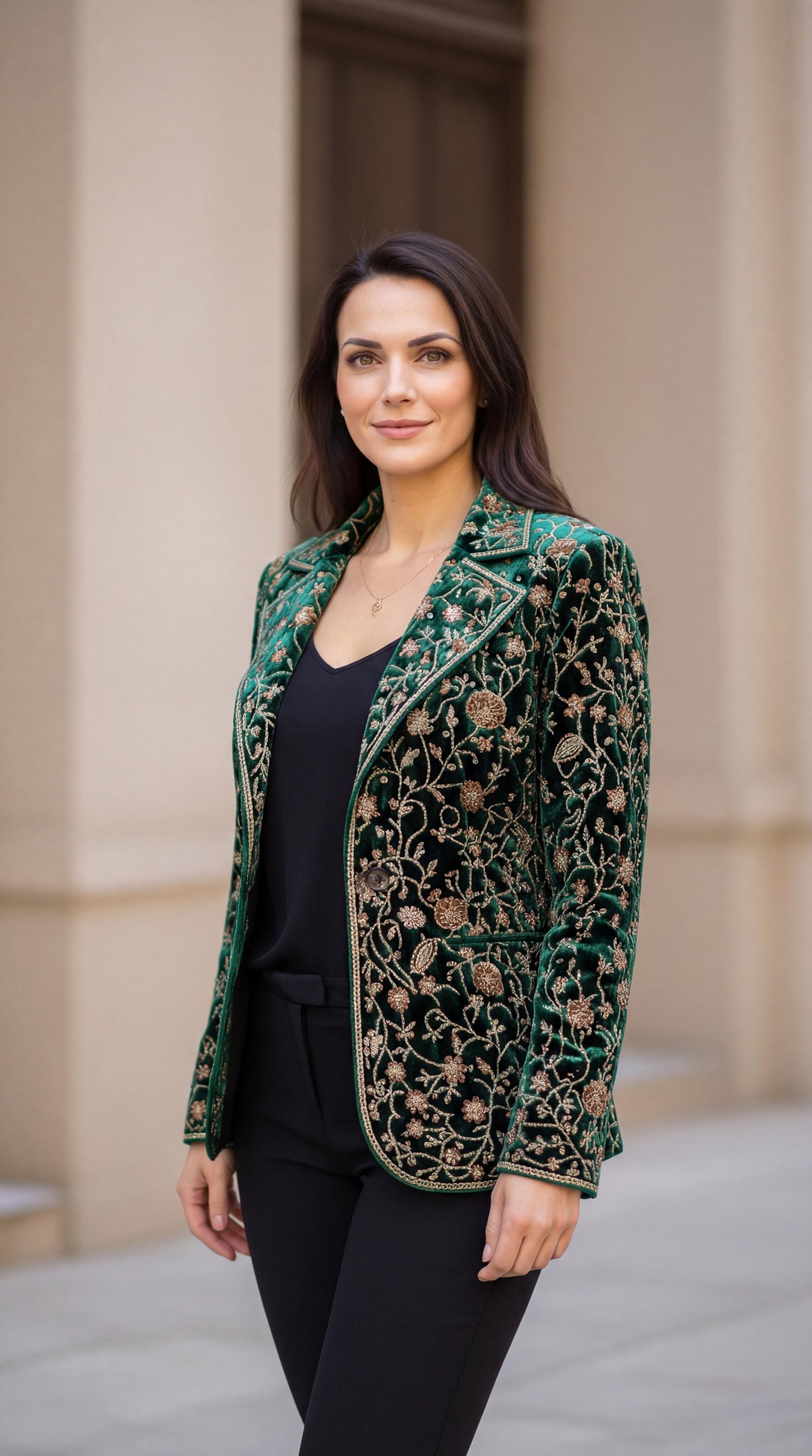 Women’s Embroidered Velvet Long Coat | Blush Green Floral Boho Jacket | Luxury Evening Peacock Ethnic Wear