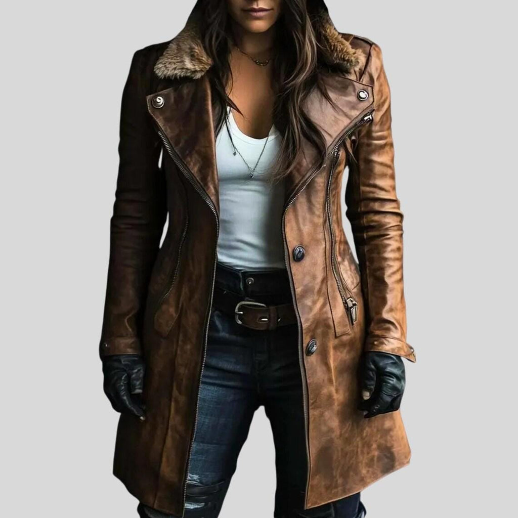 Women's Handmade Distressed Brown Leather Coat | Vintage Lambskin Shearling Collar Long Jacket