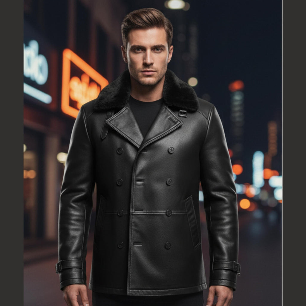 RE9 Leon S Kennedy Black Leather Trench Jacket with Fur Collar | Resident Evil Requiem Cosplay Leather Coat