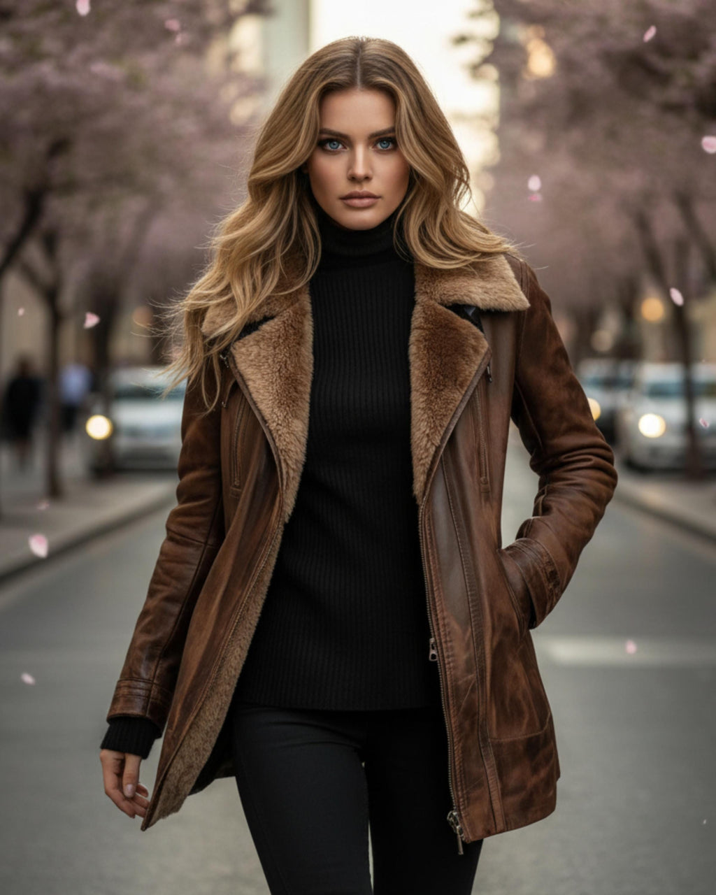 Women’s Brown Shearling Coat | Handmade Natural Leather Winter Jacket with Faux Fur Collar & Lapel
