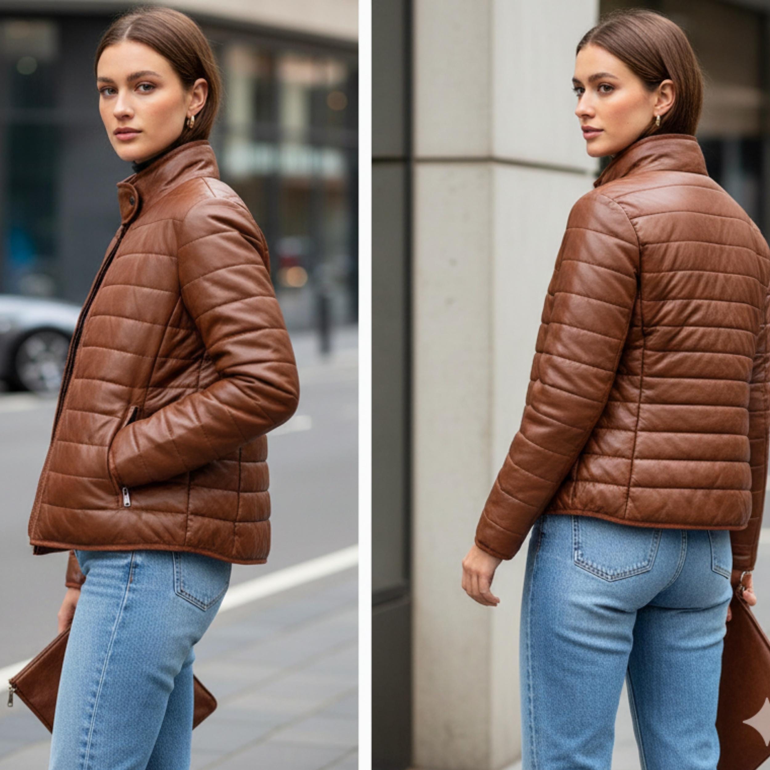 Women Lambskin Leather Puffer Jacket | Quilted Brown Winter Coat | Warm Zip-Up Bomber Jacket | Luxury Outerwear Gift | Australia NZ Fashion