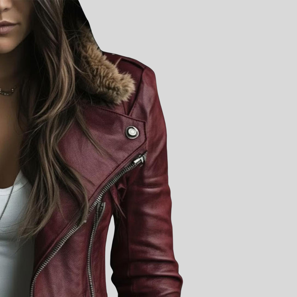 Women's Burgundy Sheepskin Aviator Jacket | Genuine Leather Lapel Collar Coat | Faux Fur Collar