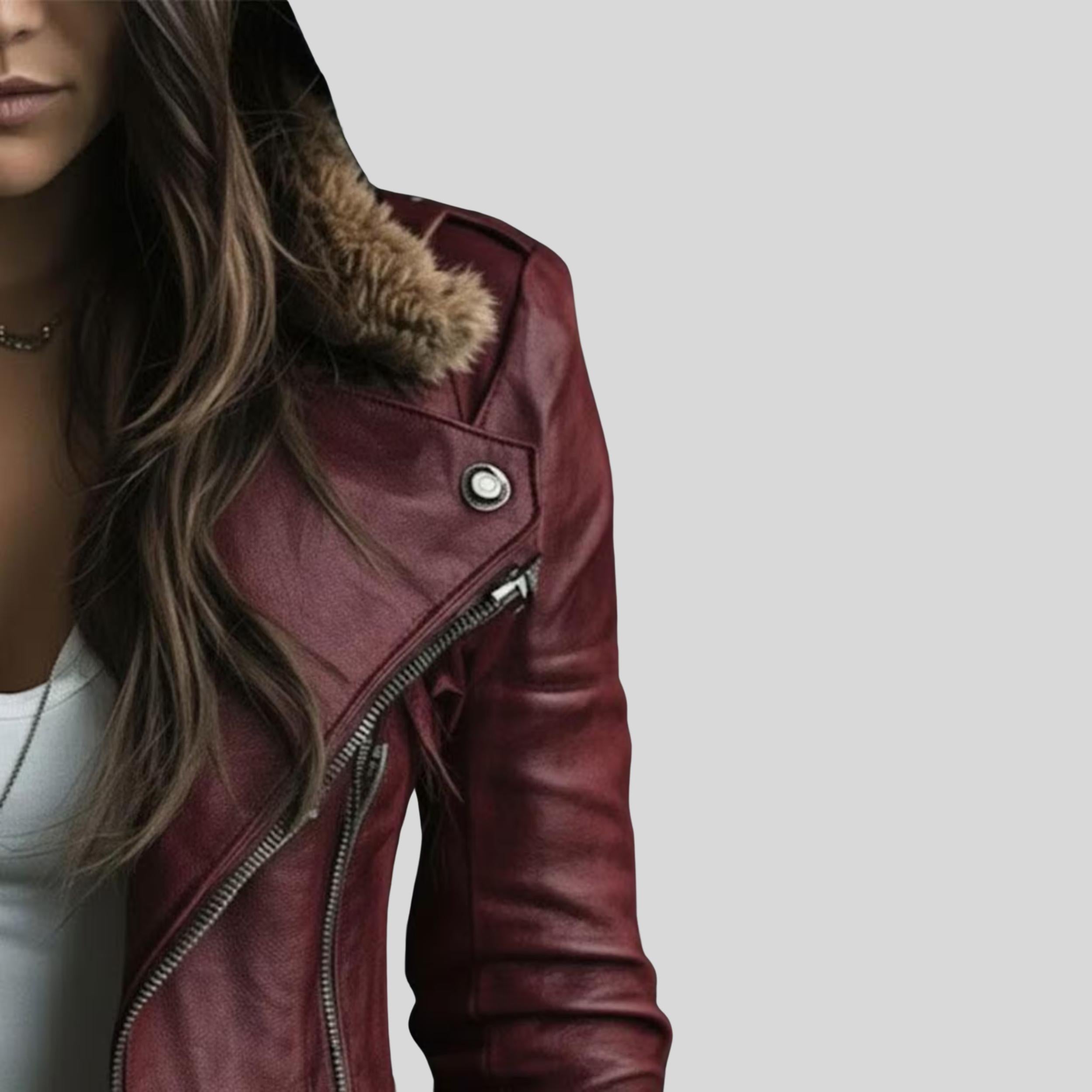 Women's Burgundy Sheepskin Aviator Jacket | Genuine Leather Lapel Collar Coat | Faux Fur Collar